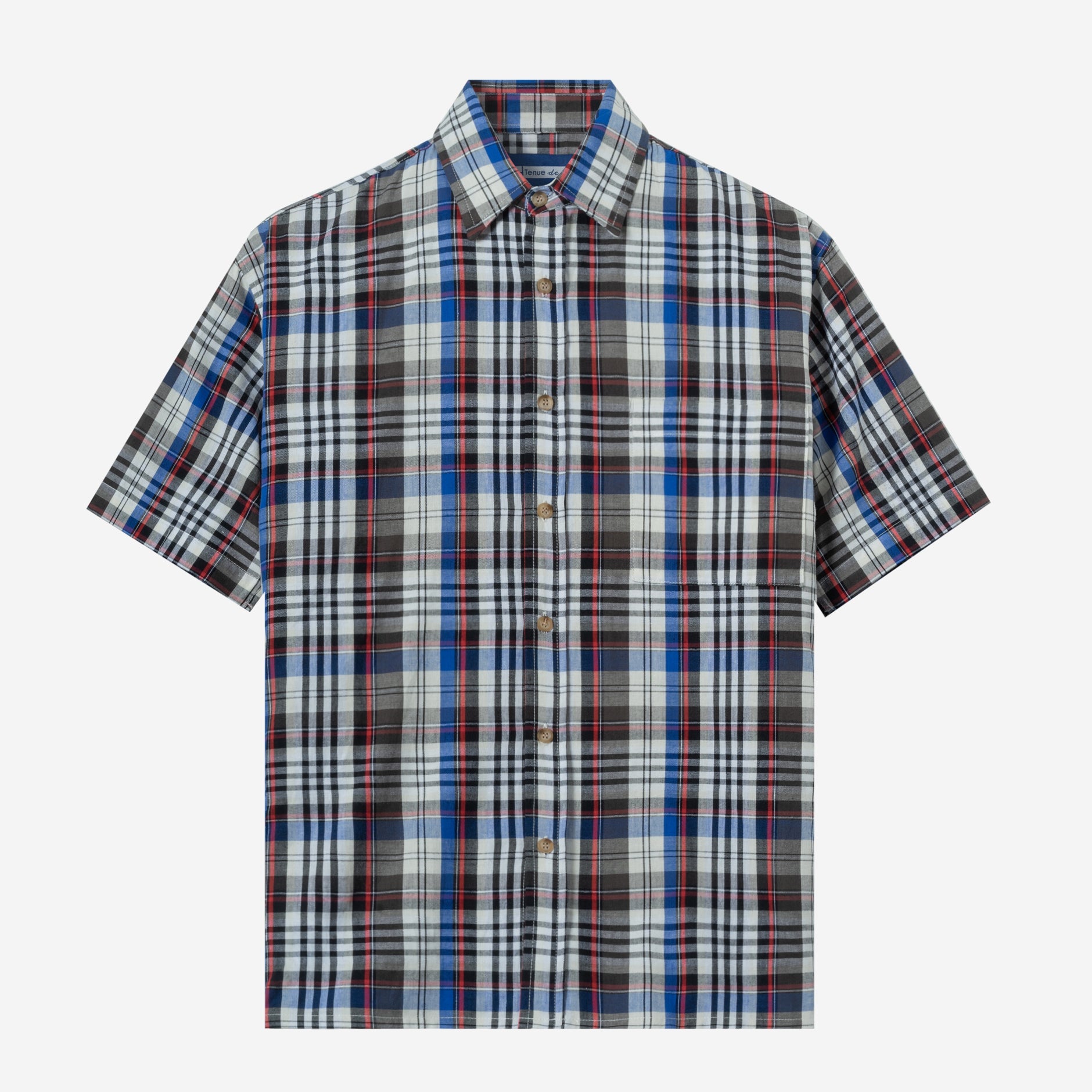 A short-sleeved grey and blue checkered shirt