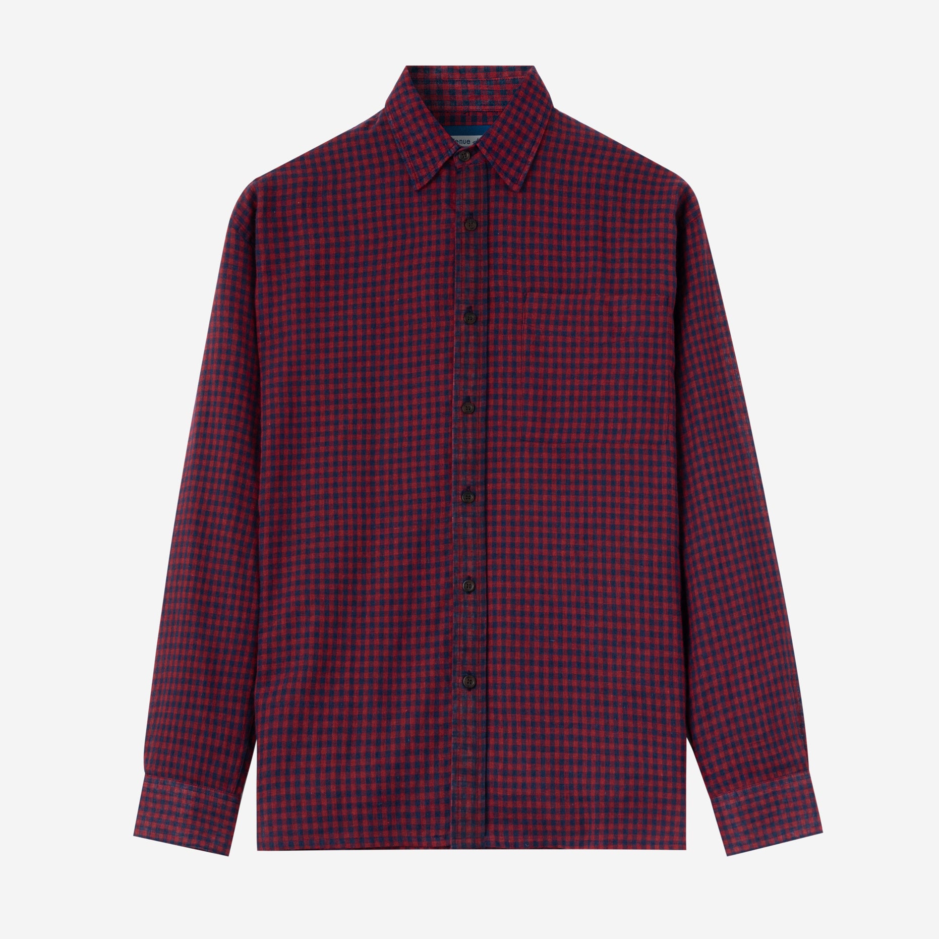 A long-sleeve red and navy checkered shirt with a collar and buttons.