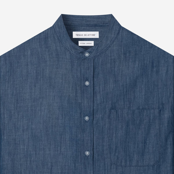By The Hours Band Collar Long Sleeve Shirt Chambray Denim Indigo Blue