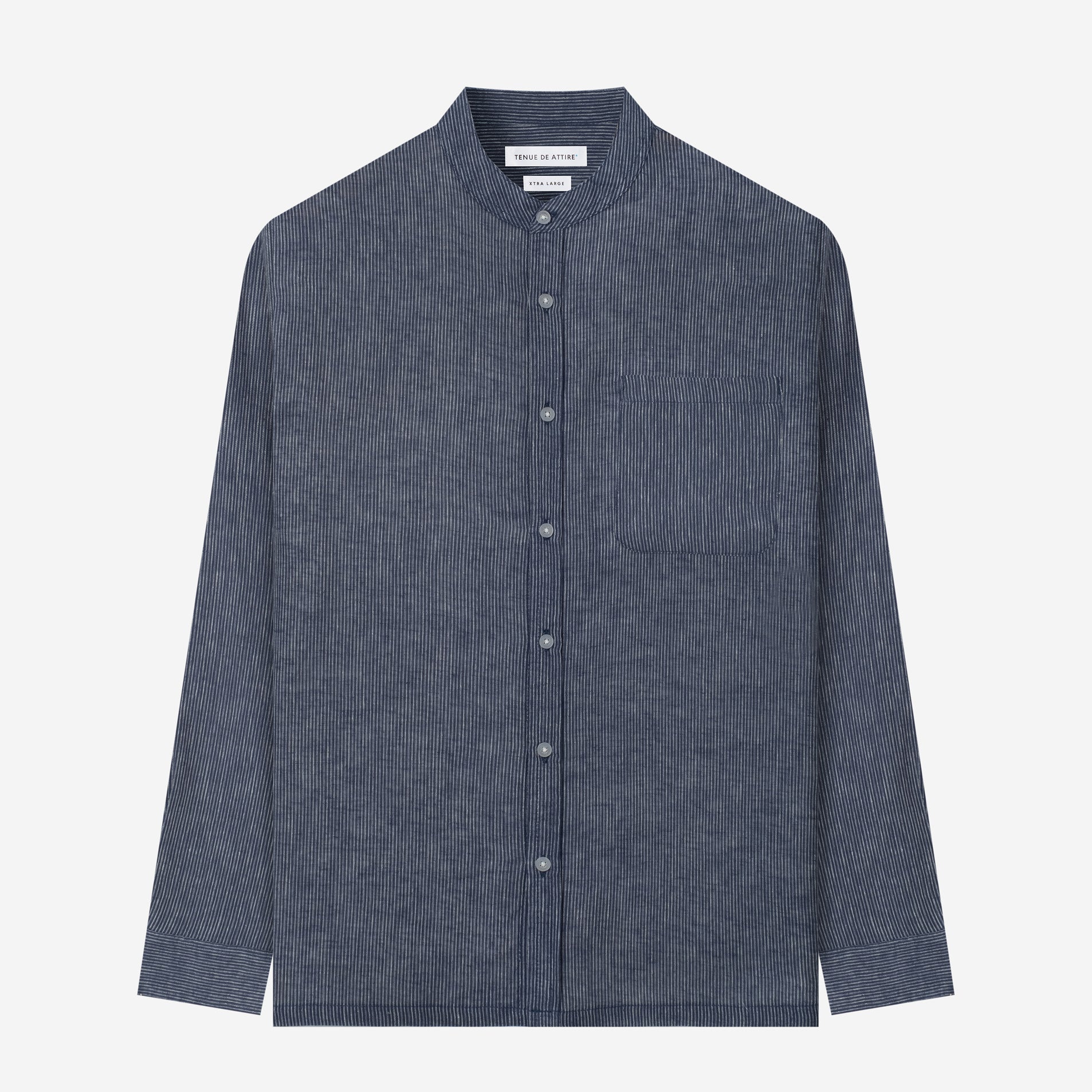 By The Hours Band Collar Long Sleeve Shirt Linen Stripes True Navy