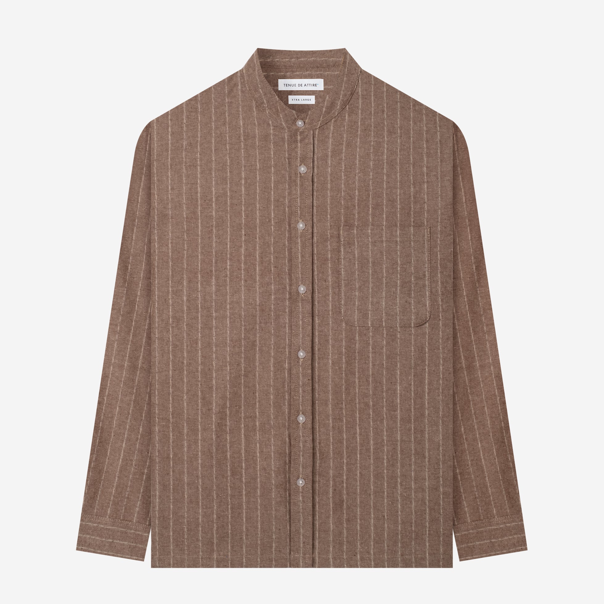 By The Hours Band Collar Long Sleeve Shirt Linen Stripes Walnut Brown