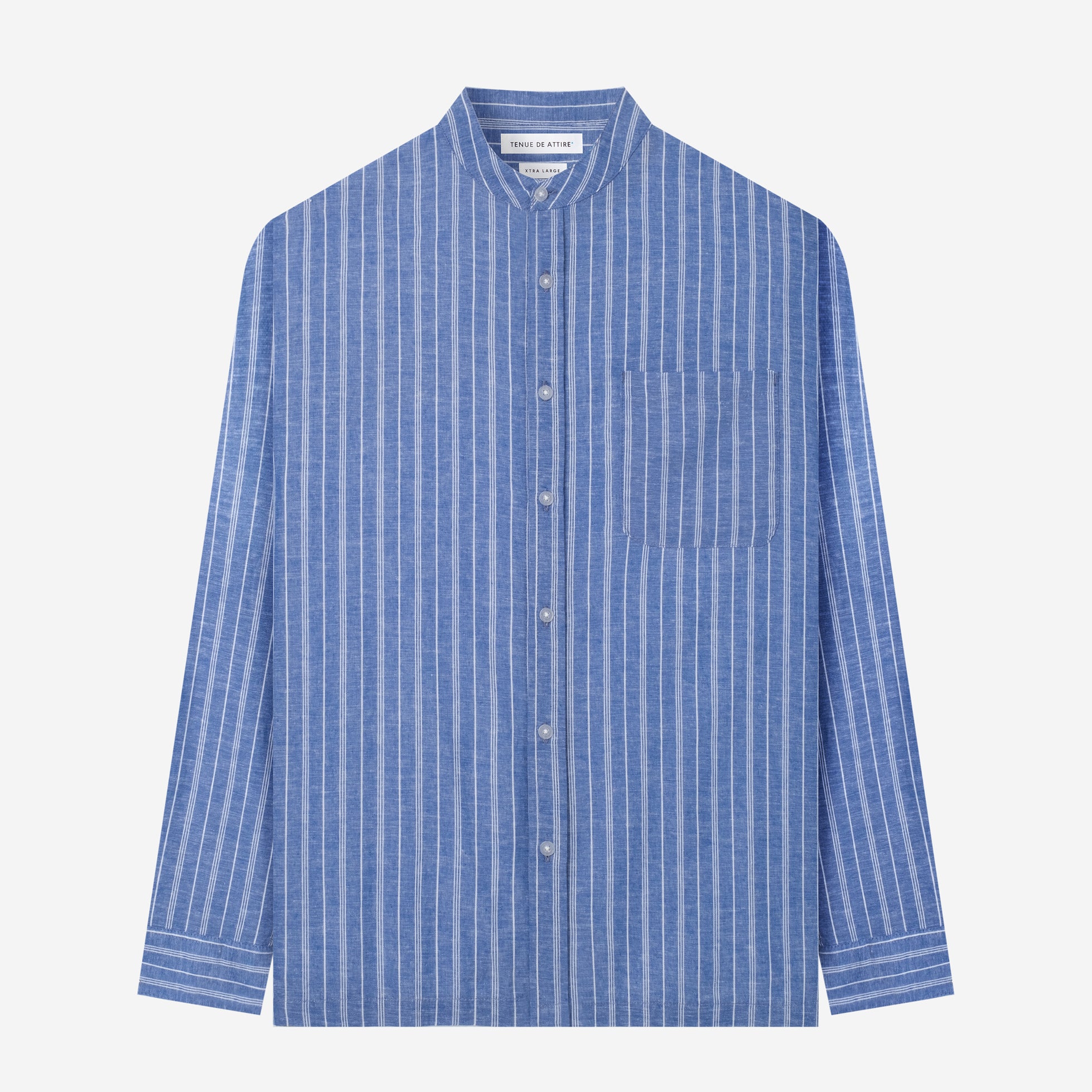By The Hours Band Collar Long Sleeve Shirt Linen Stripes Blue