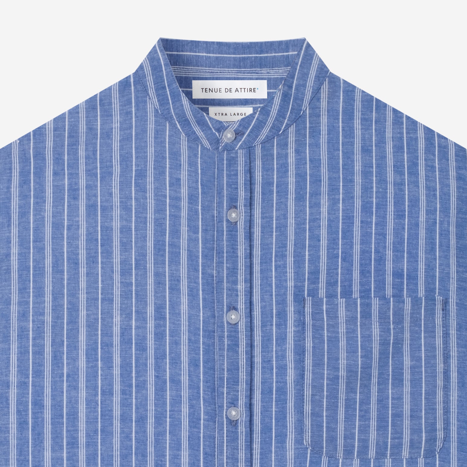 By The Hours Band Collar Long Sleeve Shirt Linen Stripes Blue