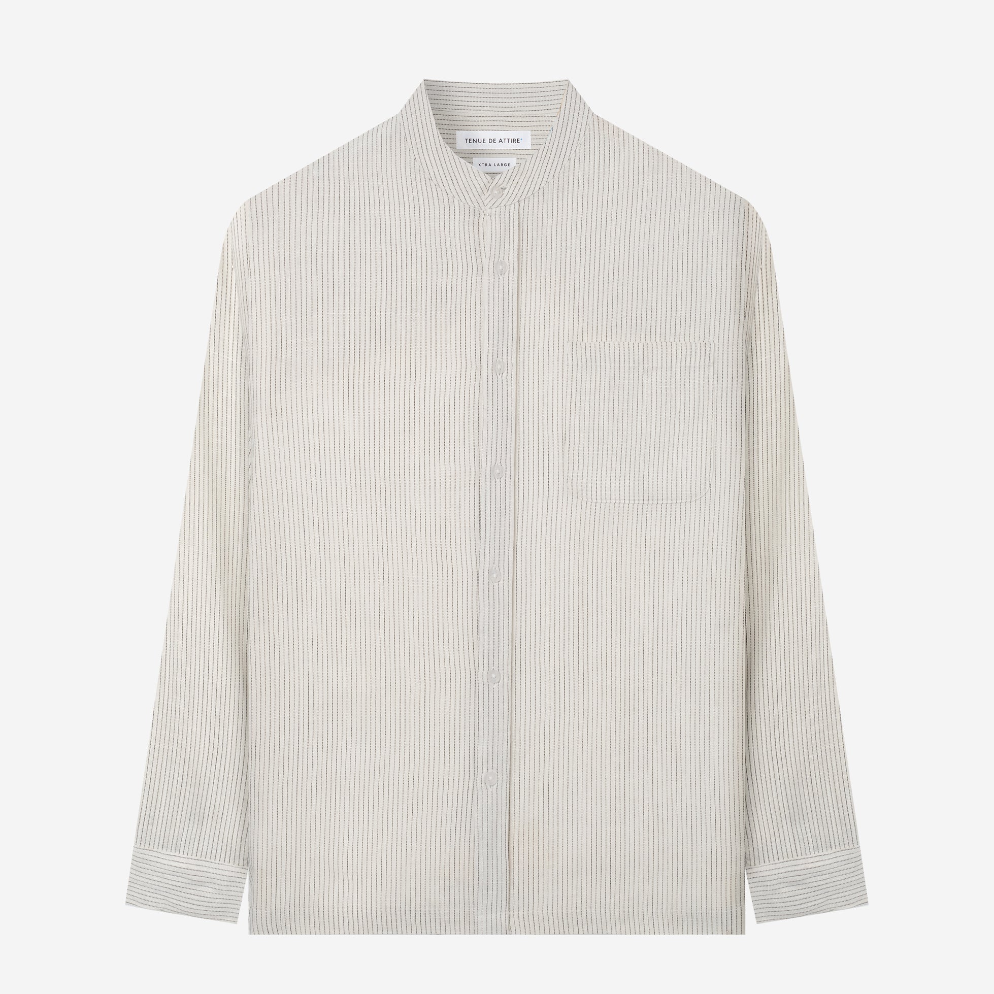 By The Hours Band Collar Long Sleeve Shirt Linen Stripes Soft White