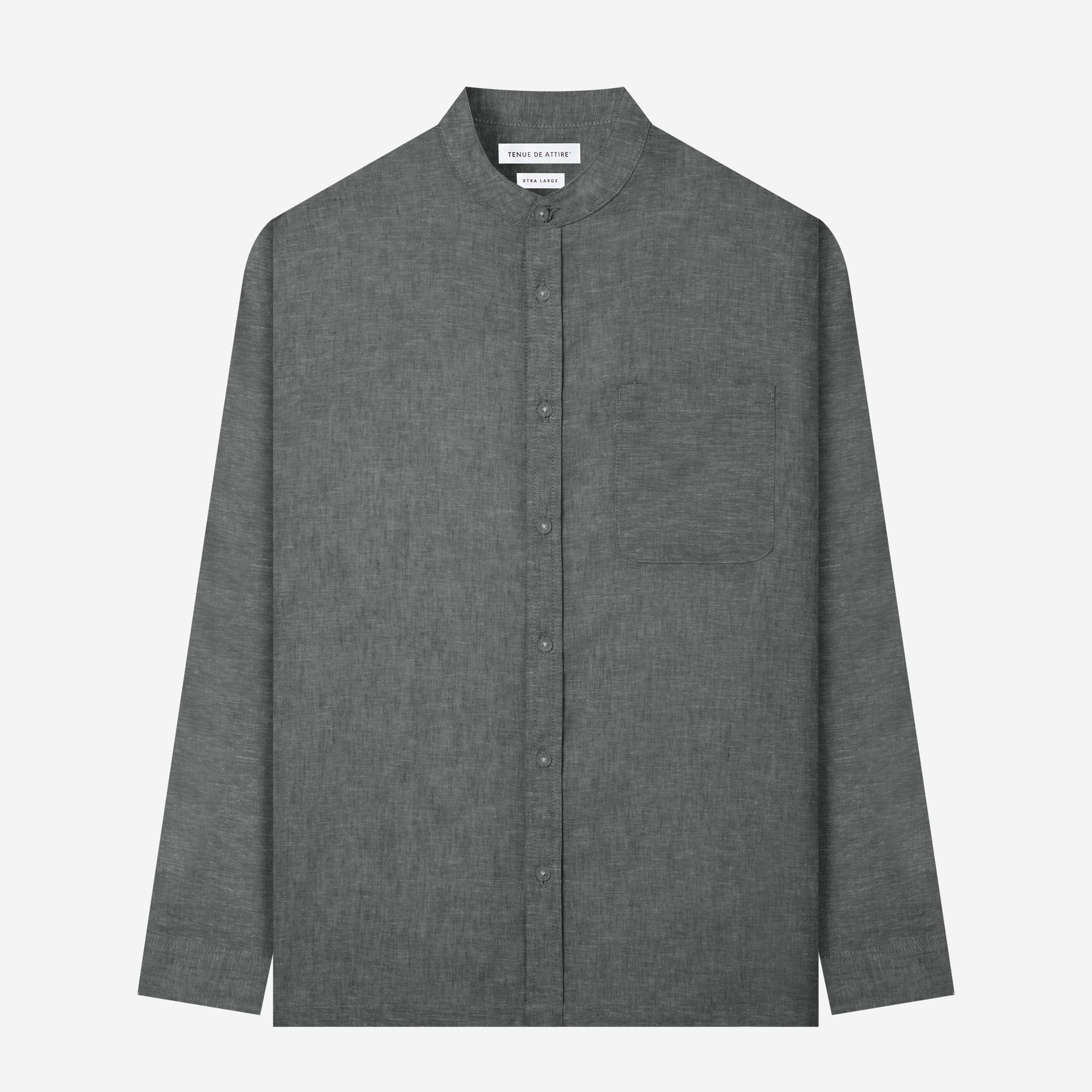 By The Hours Band Collar Long Sleeve Shirt Chambray Denim Cloud Grey