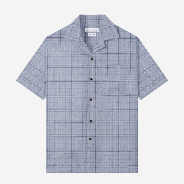 By The Hours Linen Open Collar Short Sleeve Shirt Checkers Blue