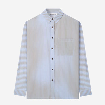 Cotton Oversized Long Sleeve Shirt - Stripes Sky Blue Brown