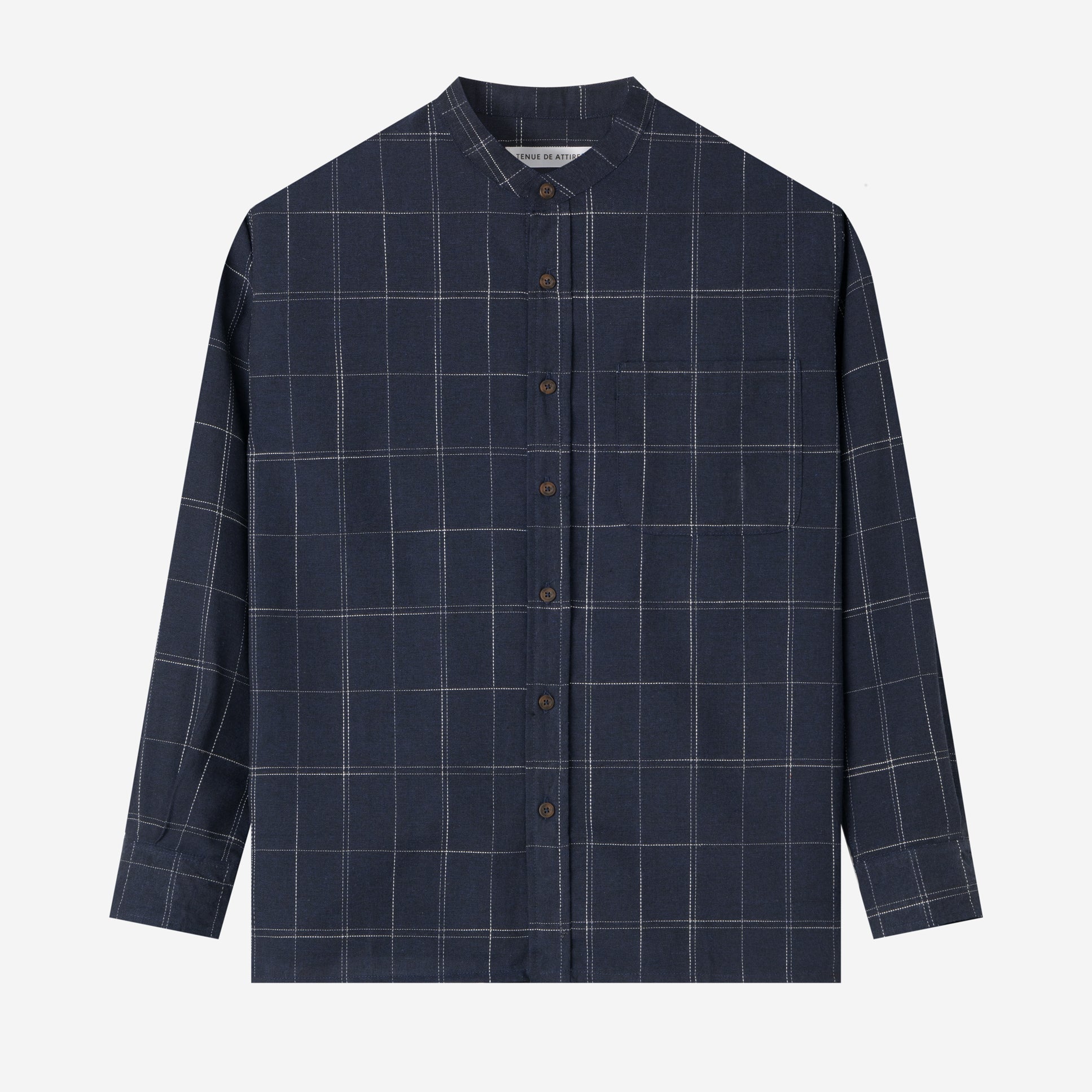 Le Ramdane Band Collar Plaid Long Sleeve Shirt - Navy White