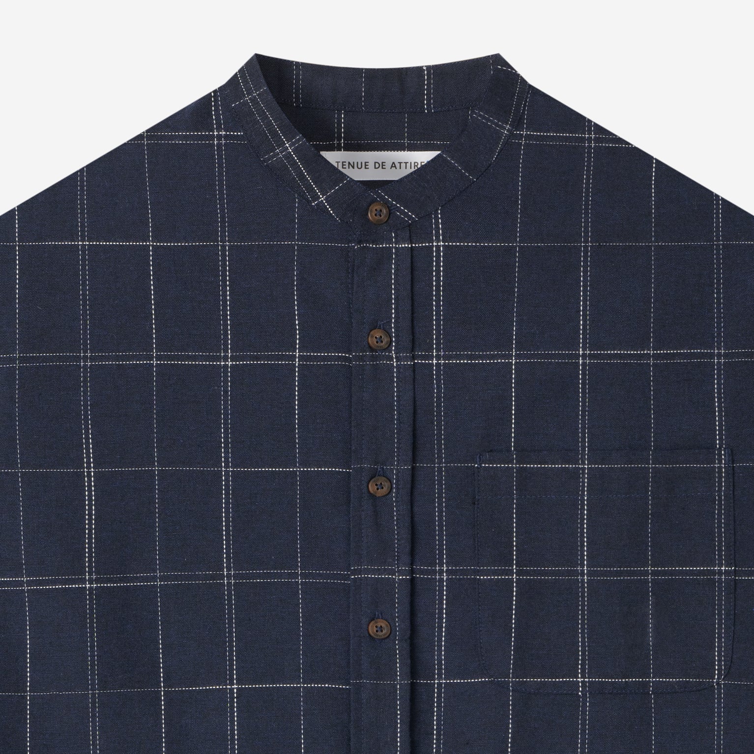 Le Ramdane Band Collar Plaid Long Sleeve Shirt - Navy White