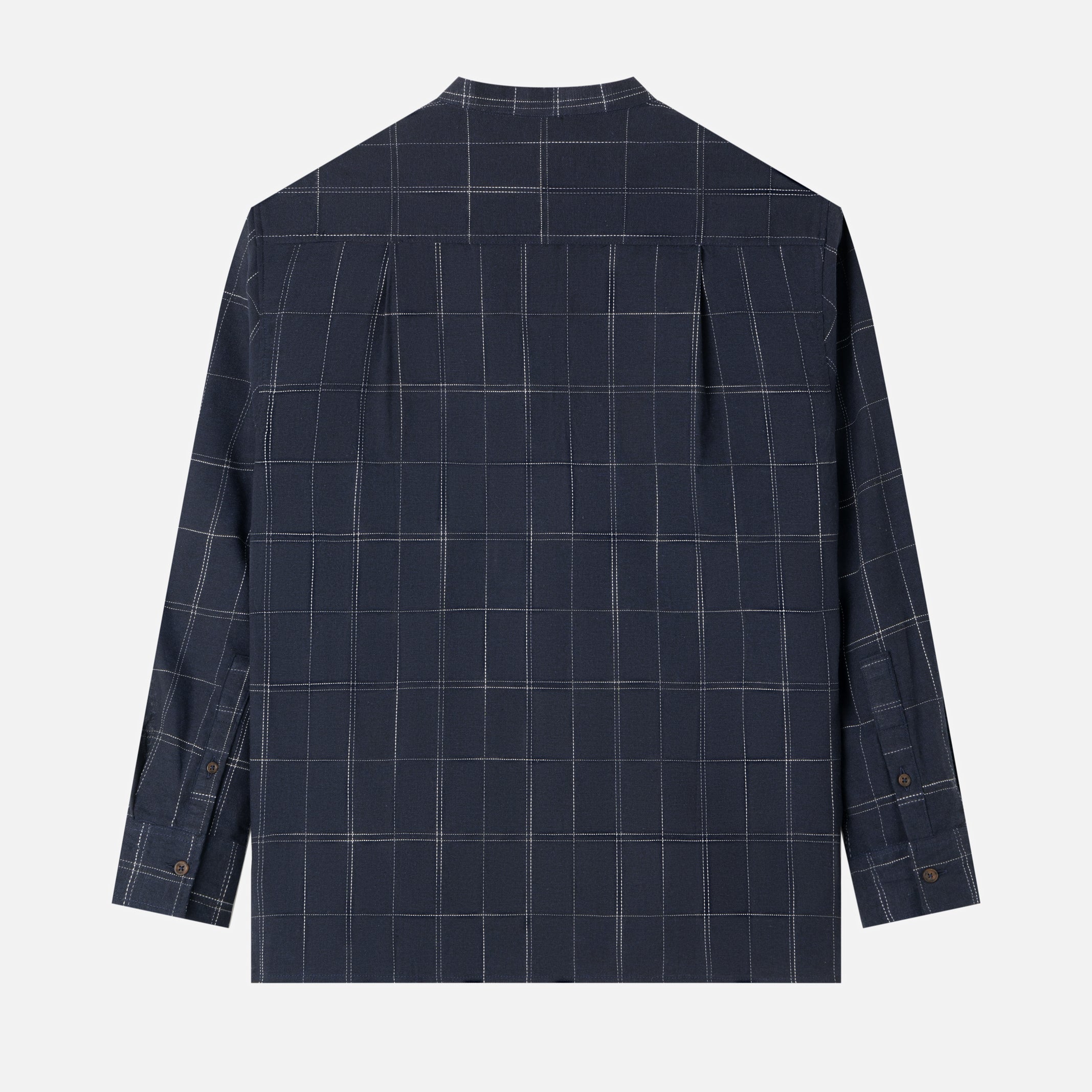 Le Ramdane Band Collar Plaid Long Sleeve Shirt - Navy White