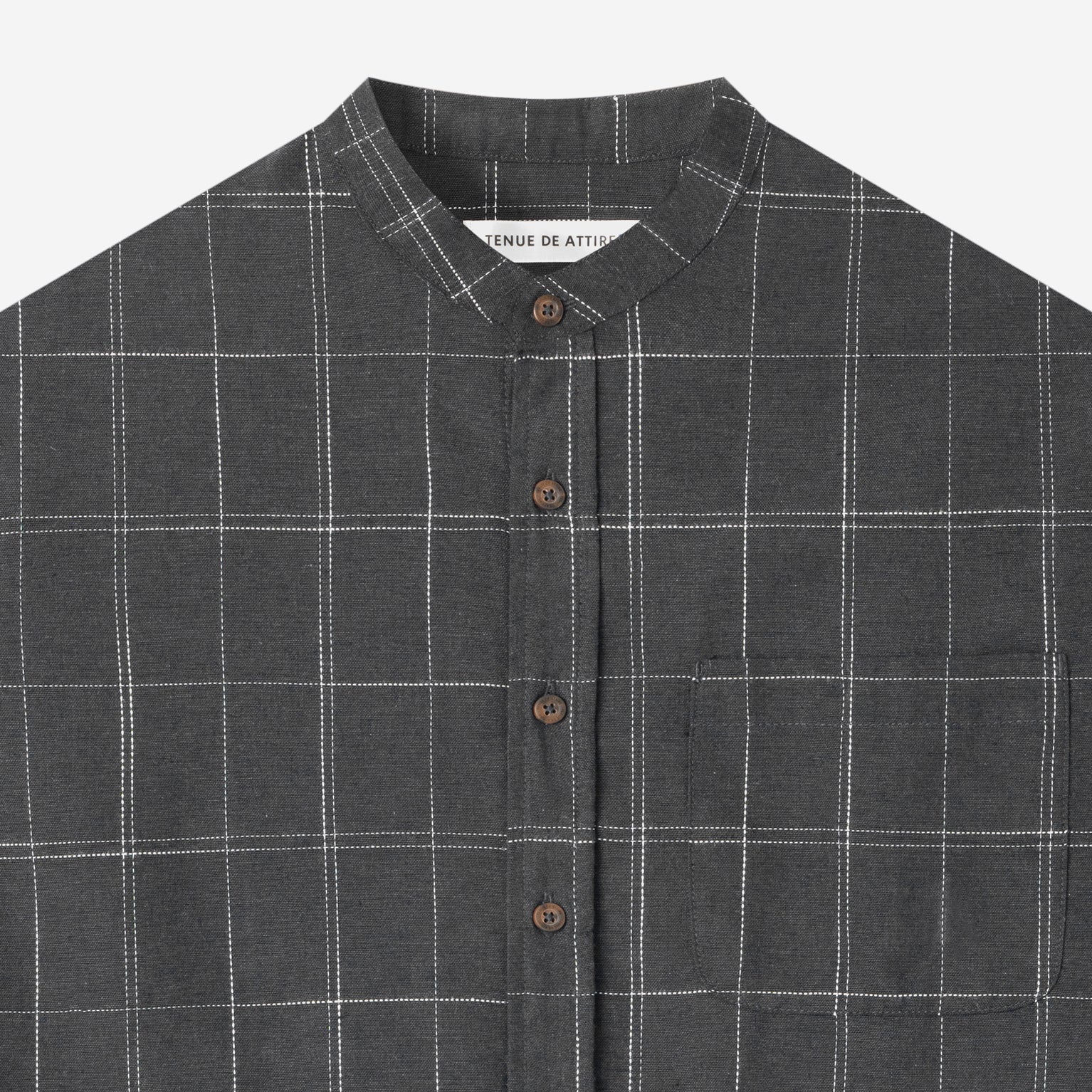 FACTORY SALE - Le Ramdane Band Collar Plaid Long Sleeve Shirt - Grey White