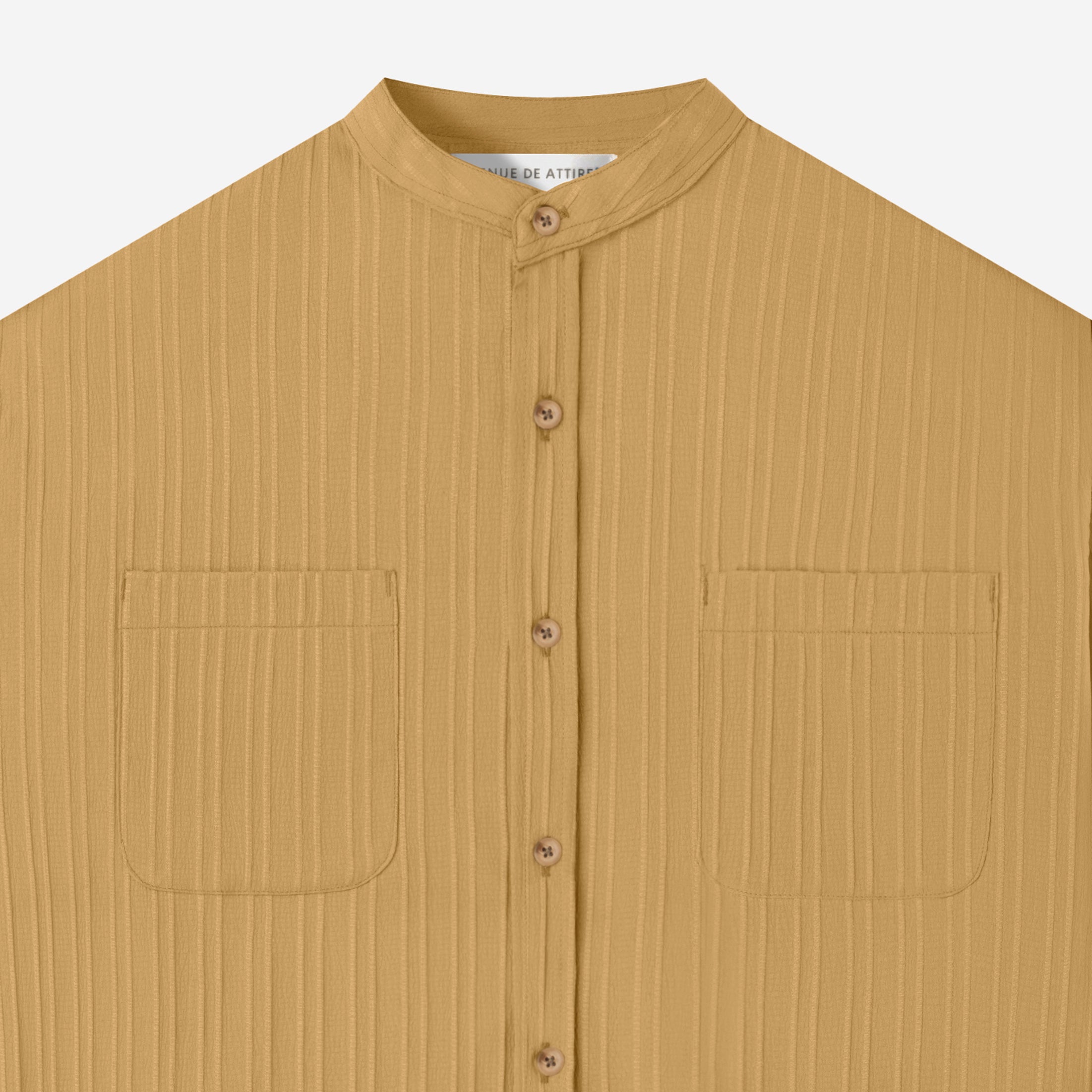 Le Ramdane Band Collar Two Pockets Striped Long Sleeve Shirt - Light Brown