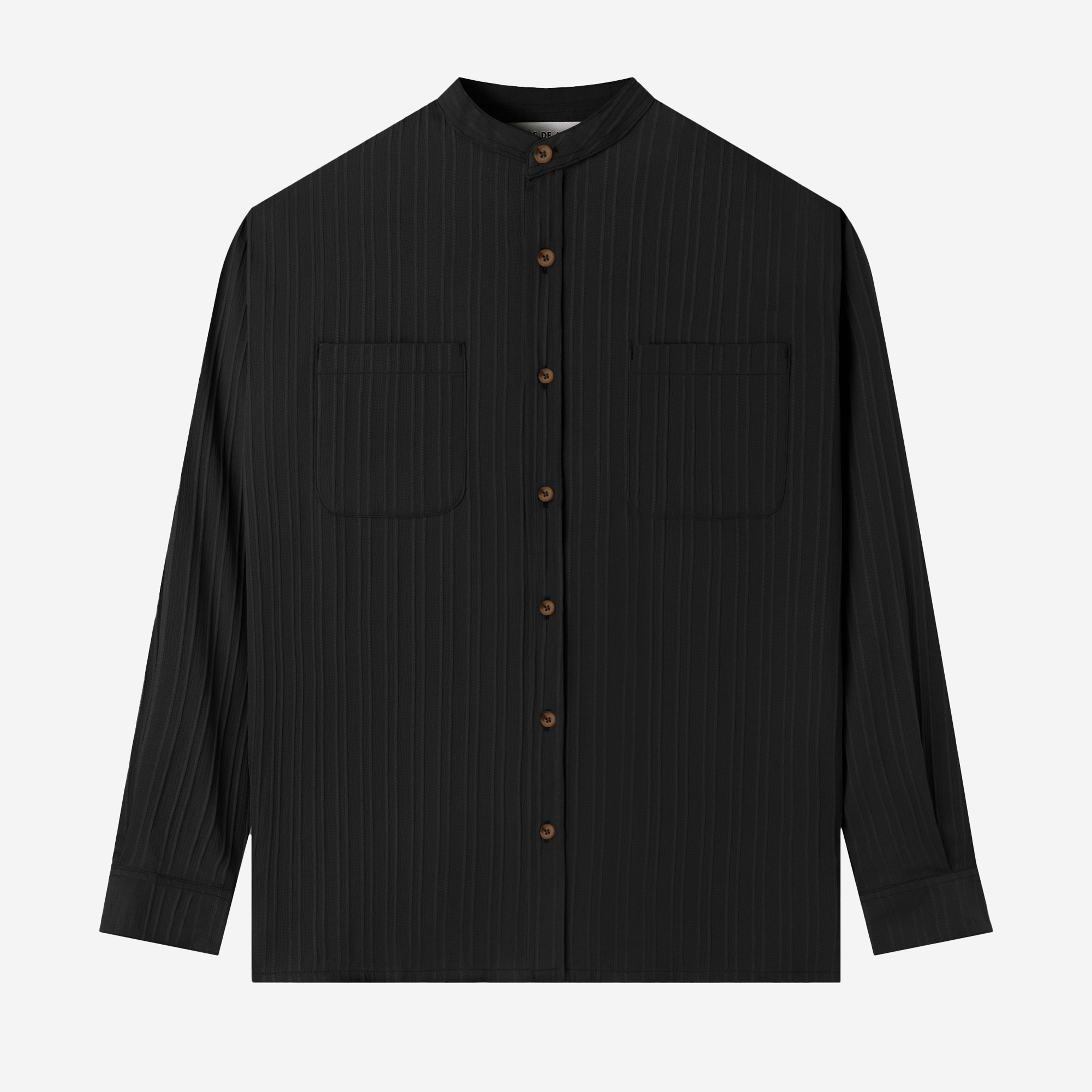 Le Ramdane Band Collar Two Pockets Striped Long Sleeve Shirt - Black