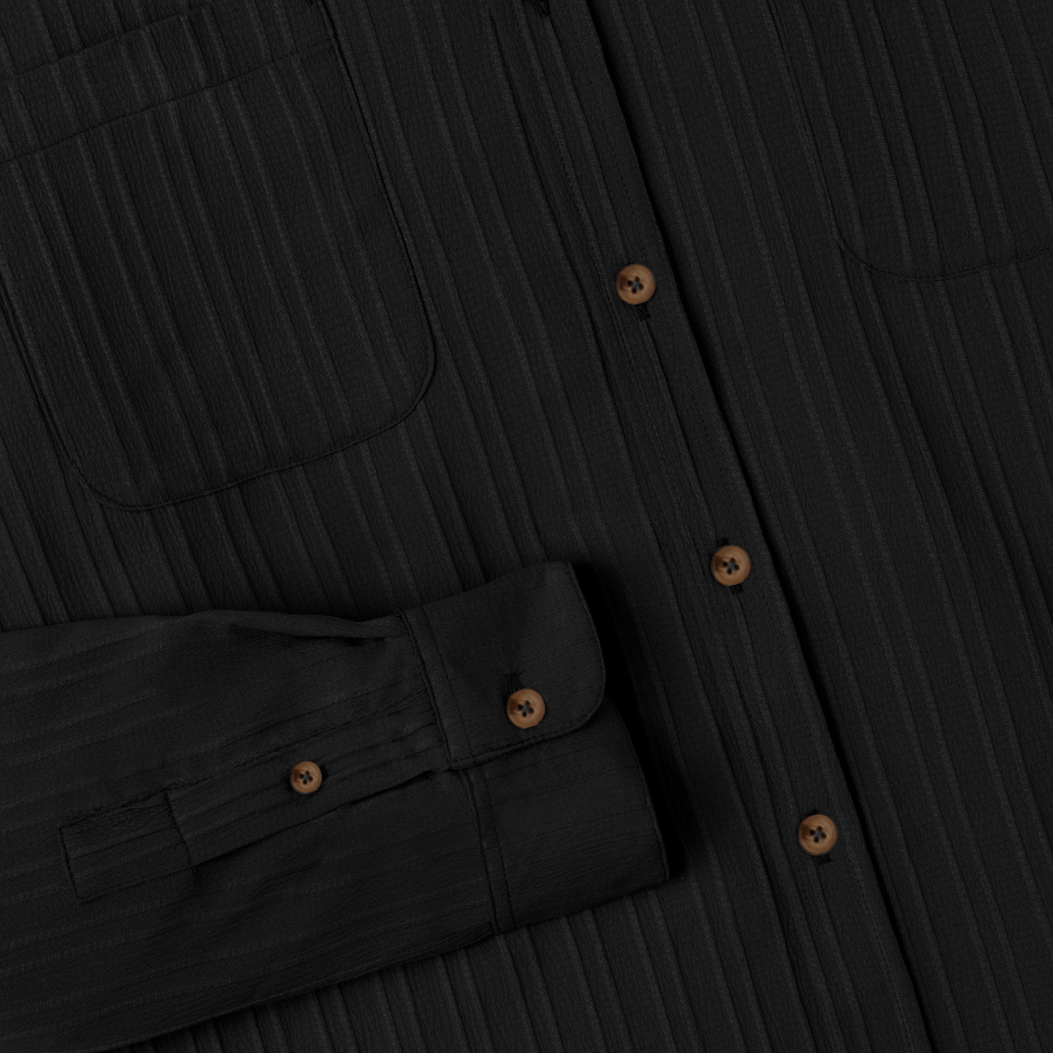 Le Ramdane Band Collar Two Pockets Striped Long Sleeve Shirt - Black