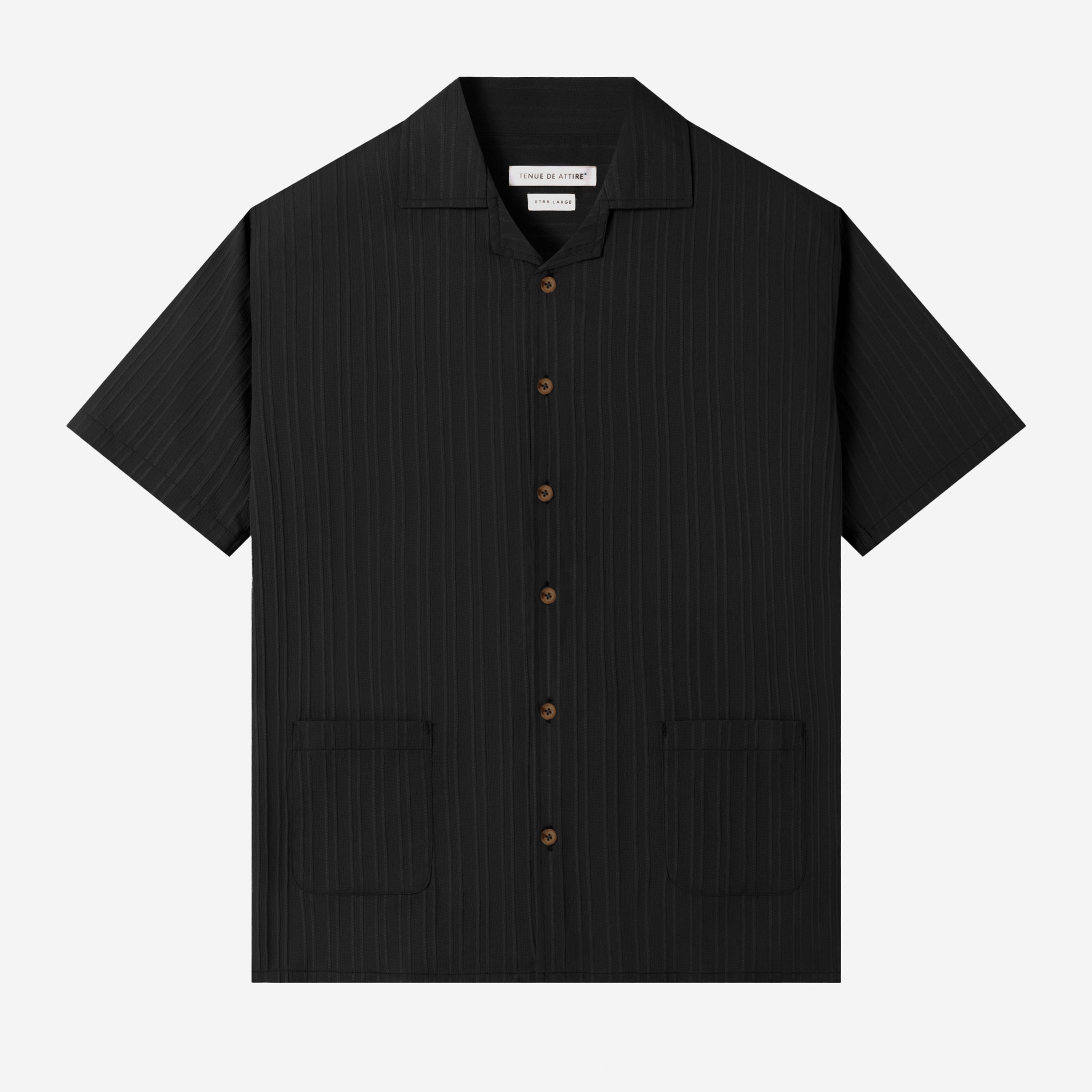 Day to Day Camp Collar Two Pockets Striped Short Sleeve Shirt - Black