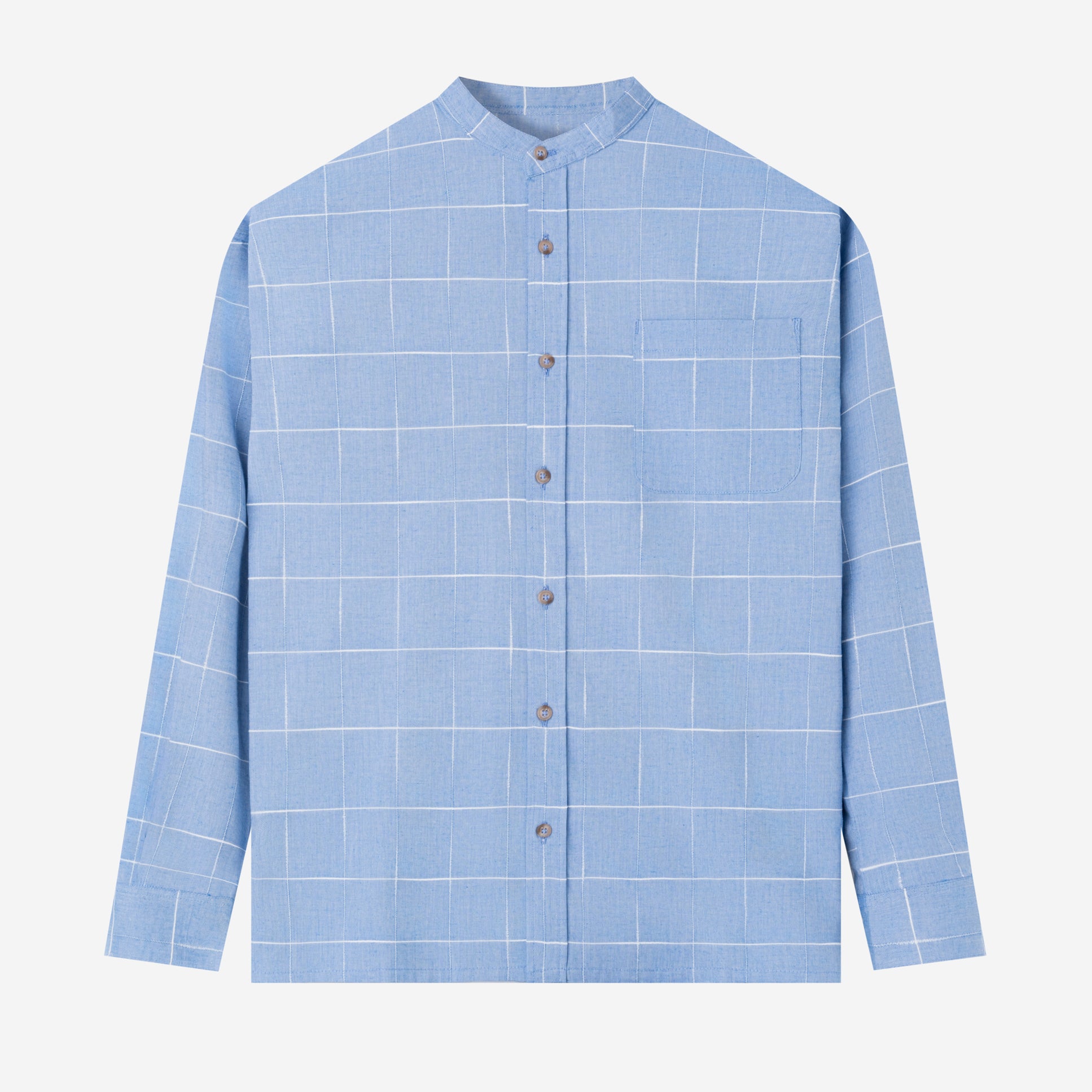 Le Ramdane Band Collar Plaid Long Sleeve Shirt - Blue White
