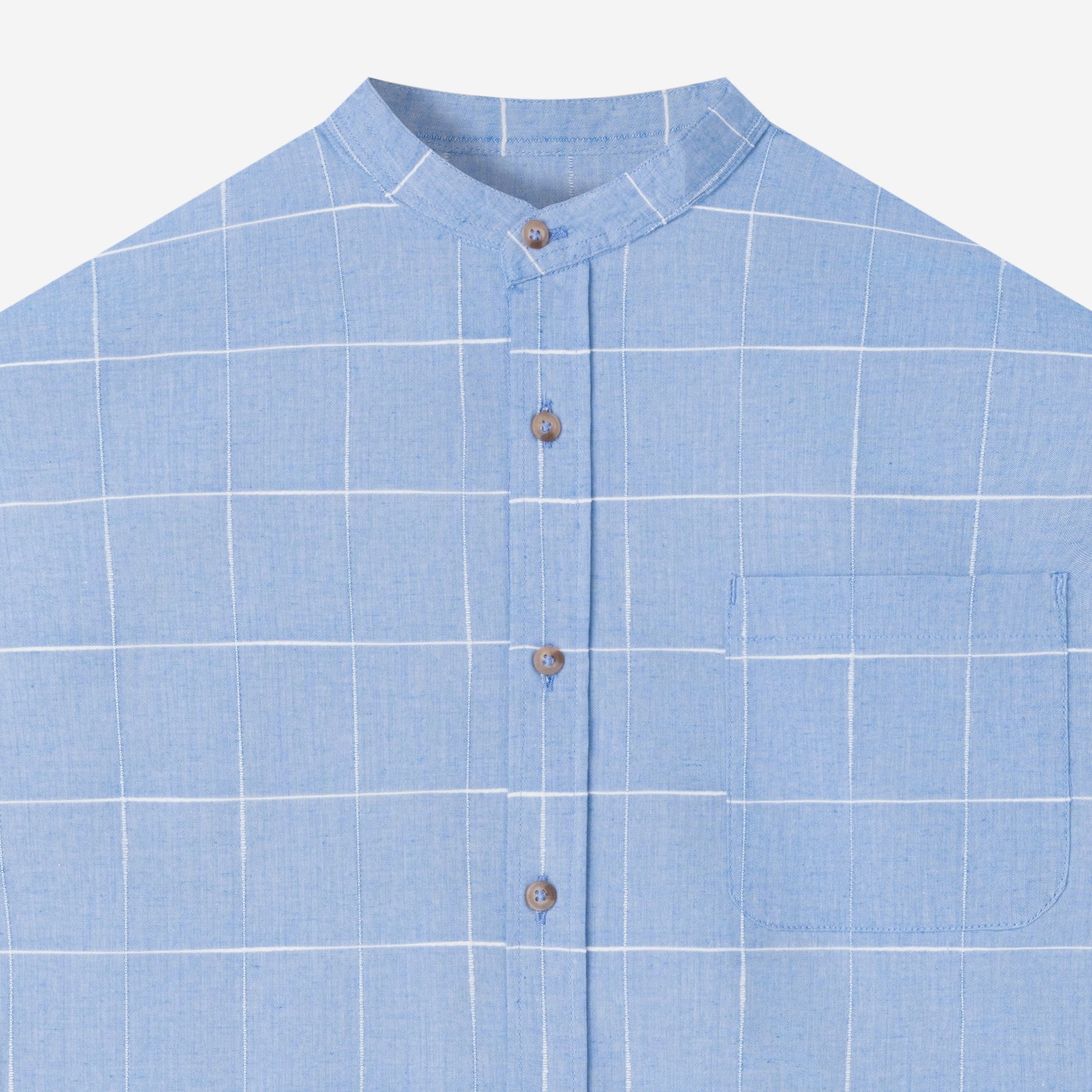 Le Ramdane Band Collar Plaid Long Sleeve Shirt - Blue White