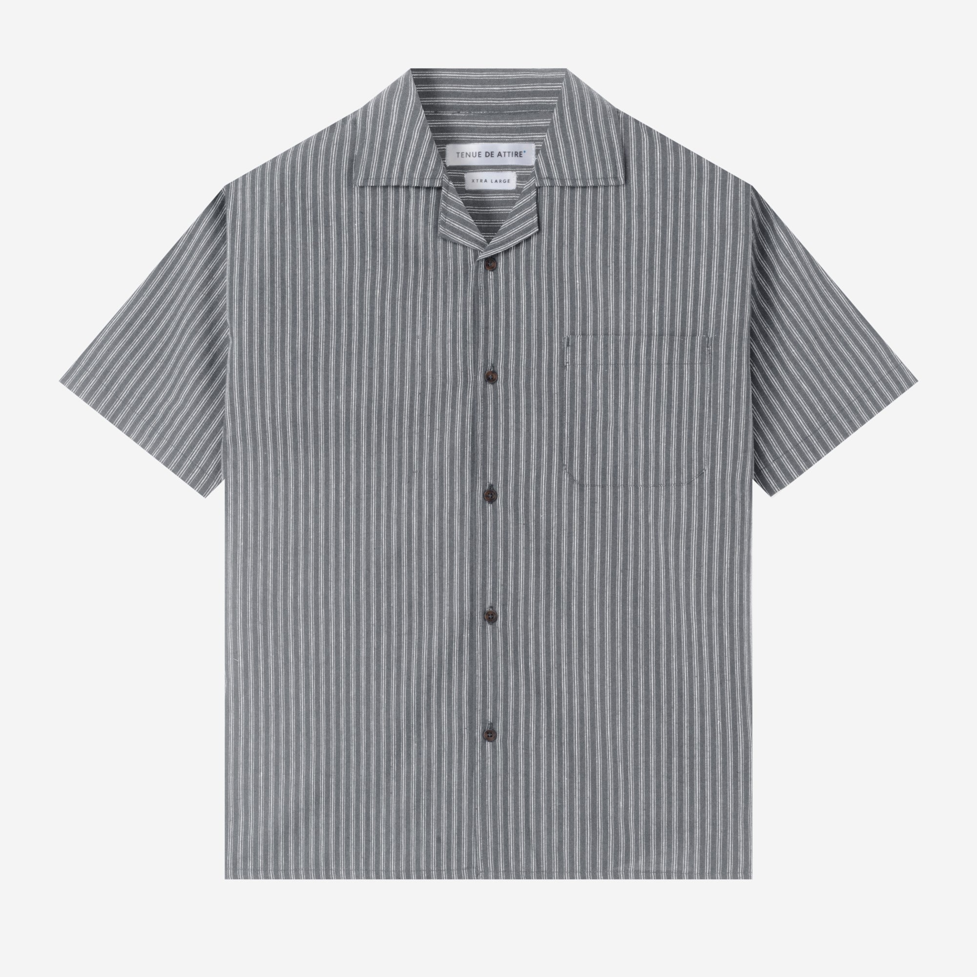 Day to Day Camp Collar Striped Short Sleeve Shirt - Grey White