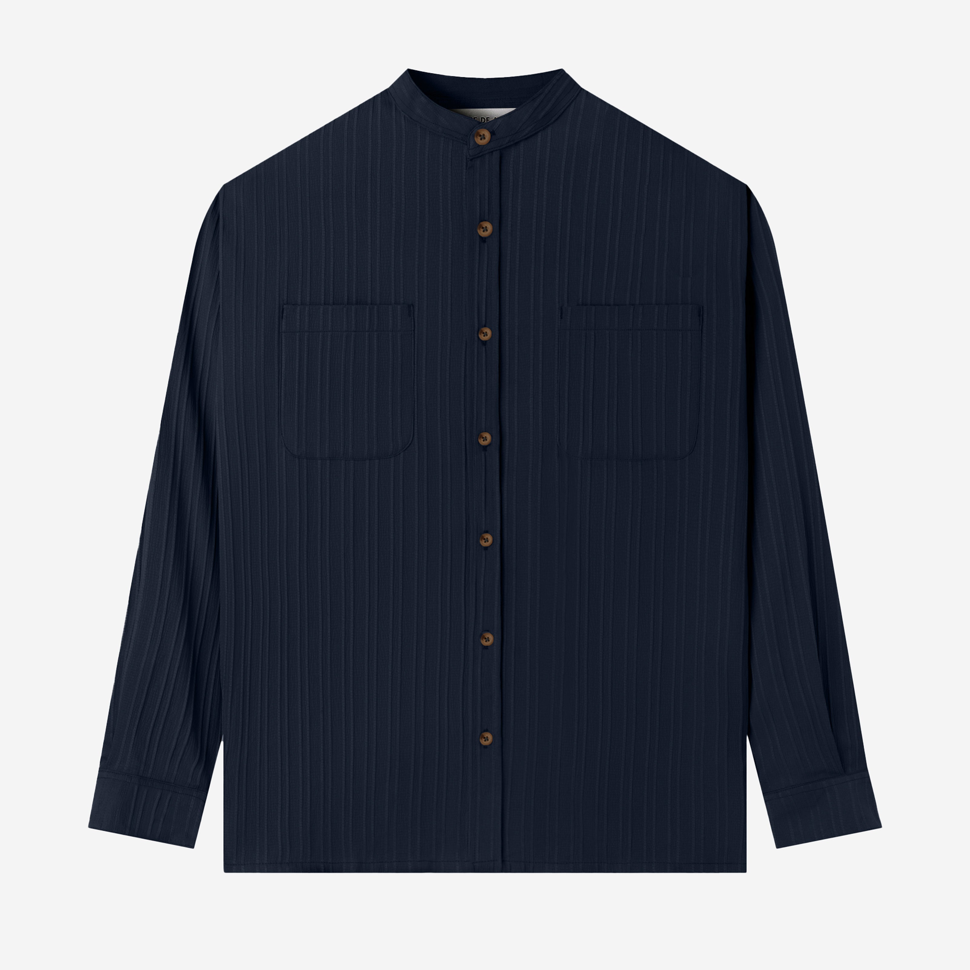Le Ramdane Band Collar Two Pockets Striped Long Sleeve Shirt - Dark Navy
