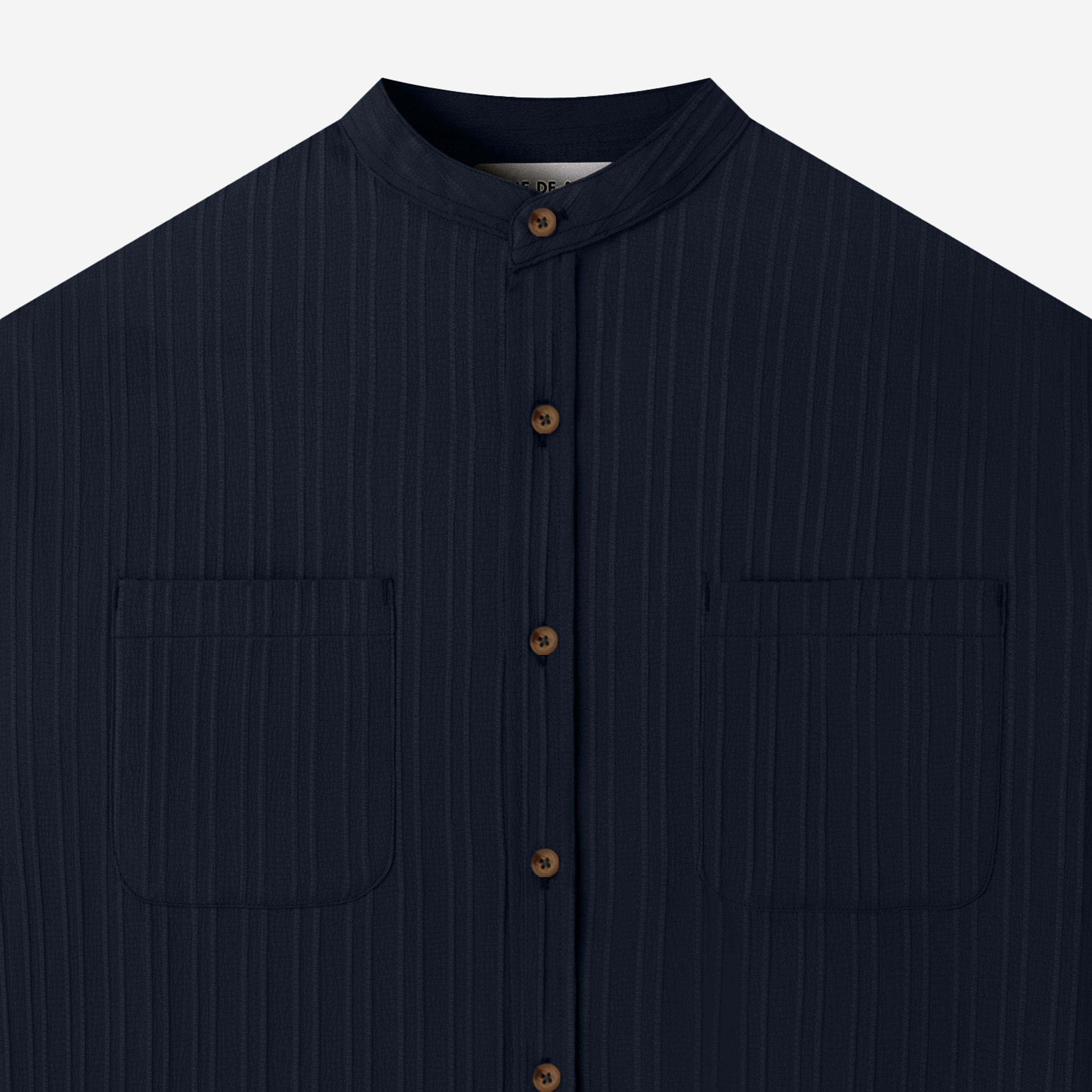 Le Ramdane Band Collar Two Pockets Striped Long Sleeve Shirt - Dark Navy