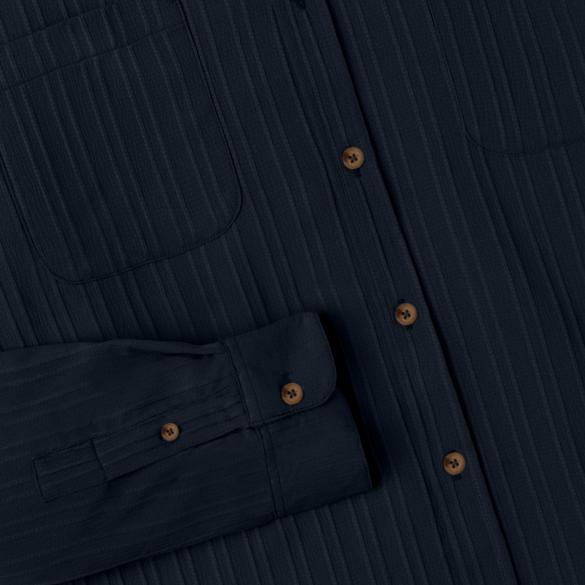 Le Ramdane Band Collar Two Pockets Striped Long Sleeve Shirt - Dark Navy