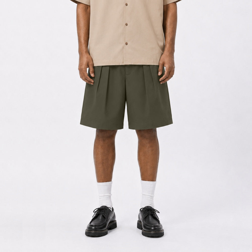 Twill Double Pleated Shorts - Olive