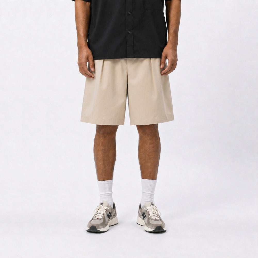 Twill Double Pleated Shorts - Khaki