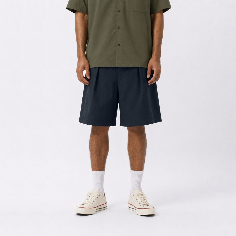Twill Double Pleated Shorts - Navy