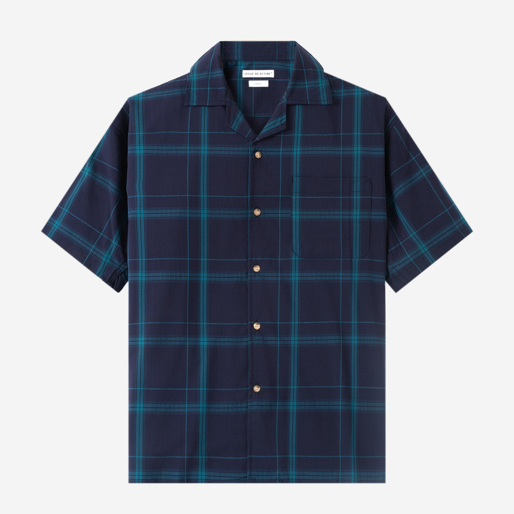 Office Hours Camp Collar Short Sleeve Shirt - Navy Plaid