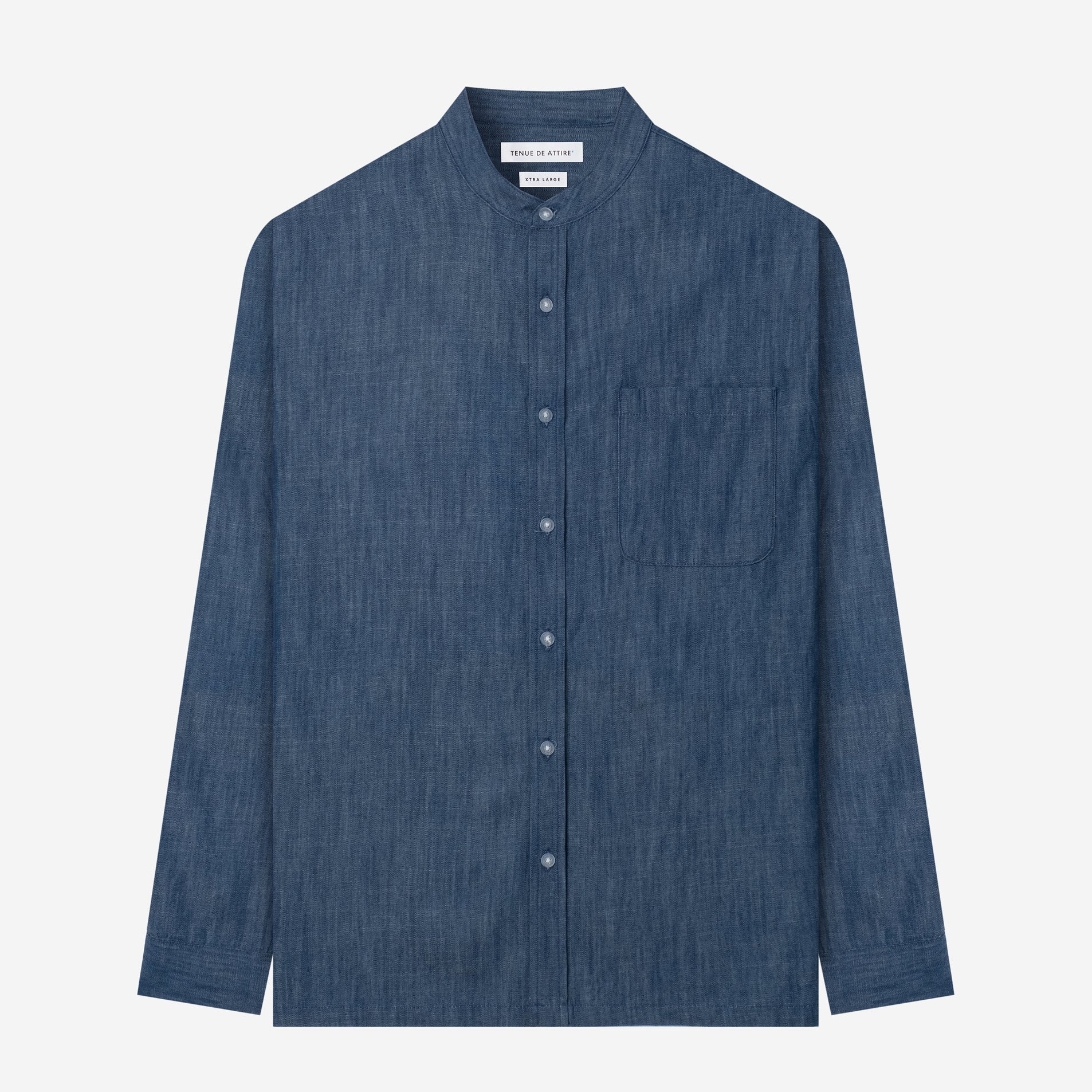 By The Hours Band Collar Long Sleeve Shirt Chambray Denim Indigo Blue