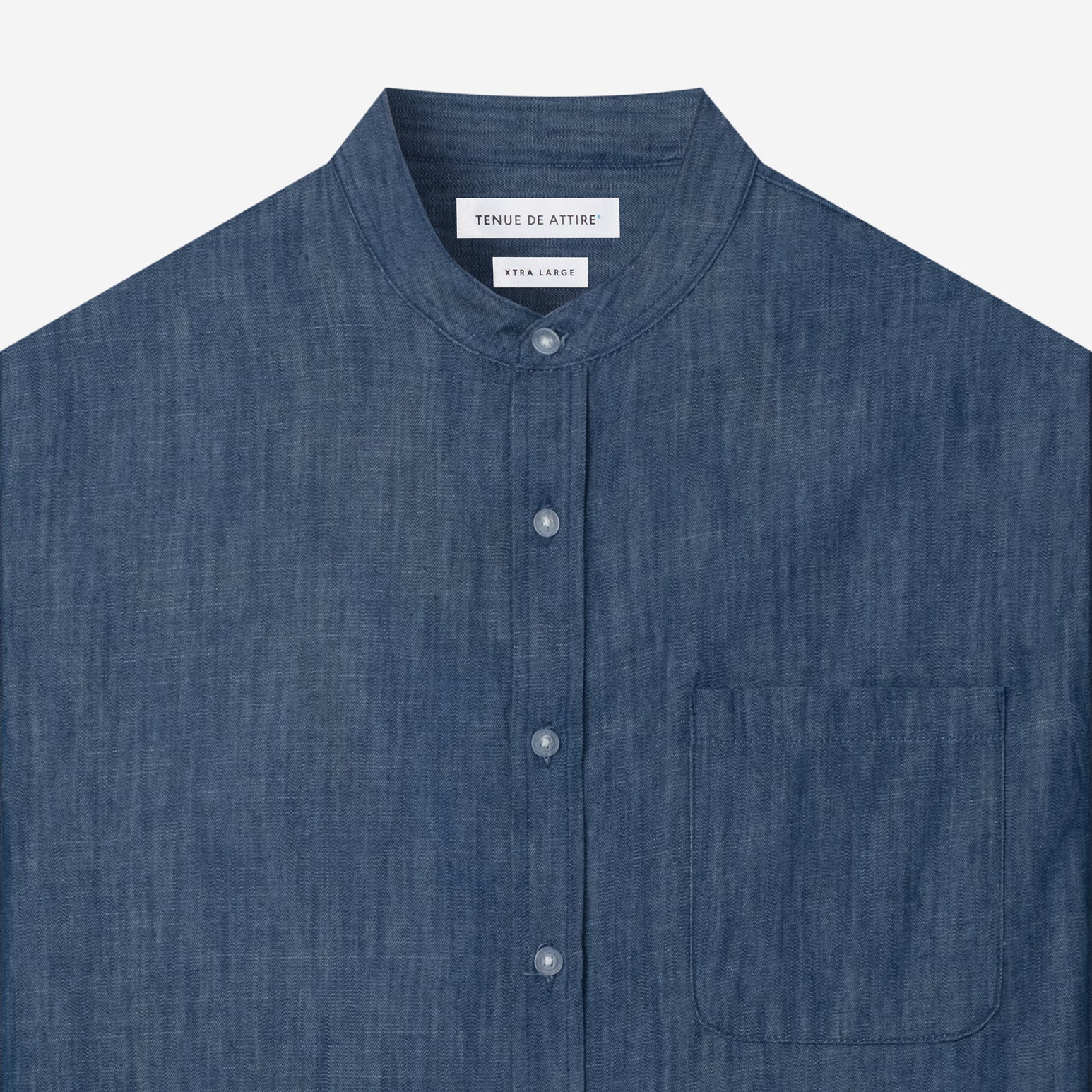 By The Hours Band Collar Long Sleeve Shirt Chambray Denim Indigo Blue