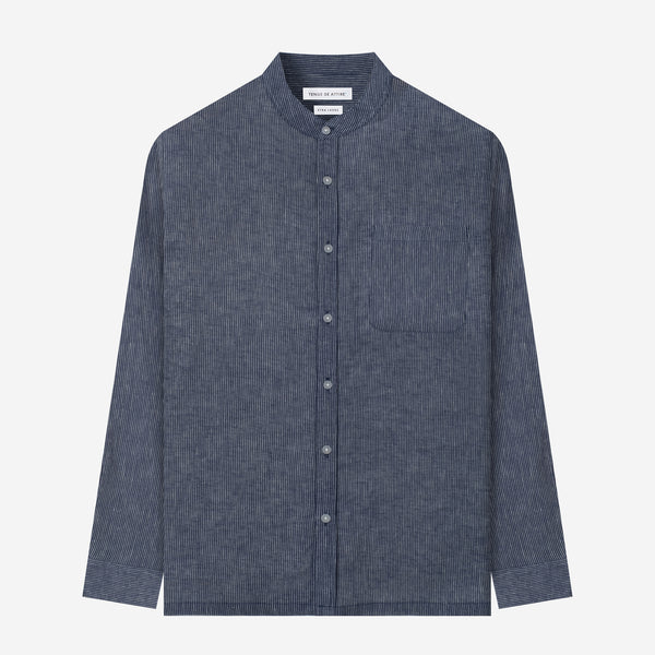 By The Hours Band Collar Long Sleeve Shirt Linen Stripes True Navy