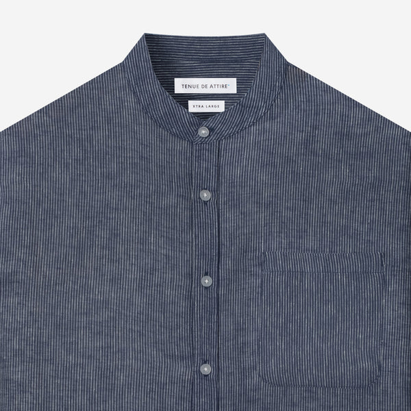 By The Hours Band Collar Long Sleeve Shirt Linen Stripes True Navy