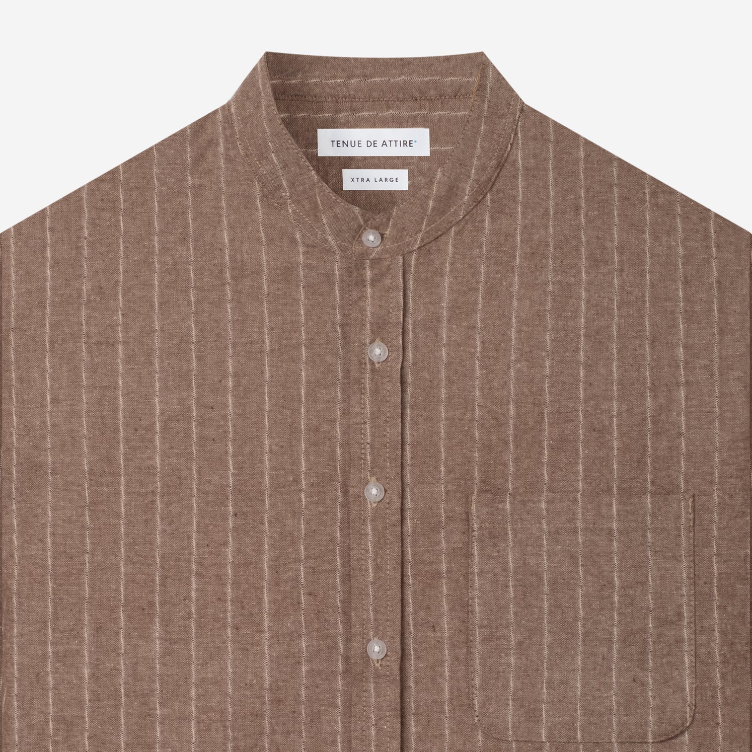 By The Hours Band Collar Long Sleeve Shirt Linen Stripes Walnut Brown