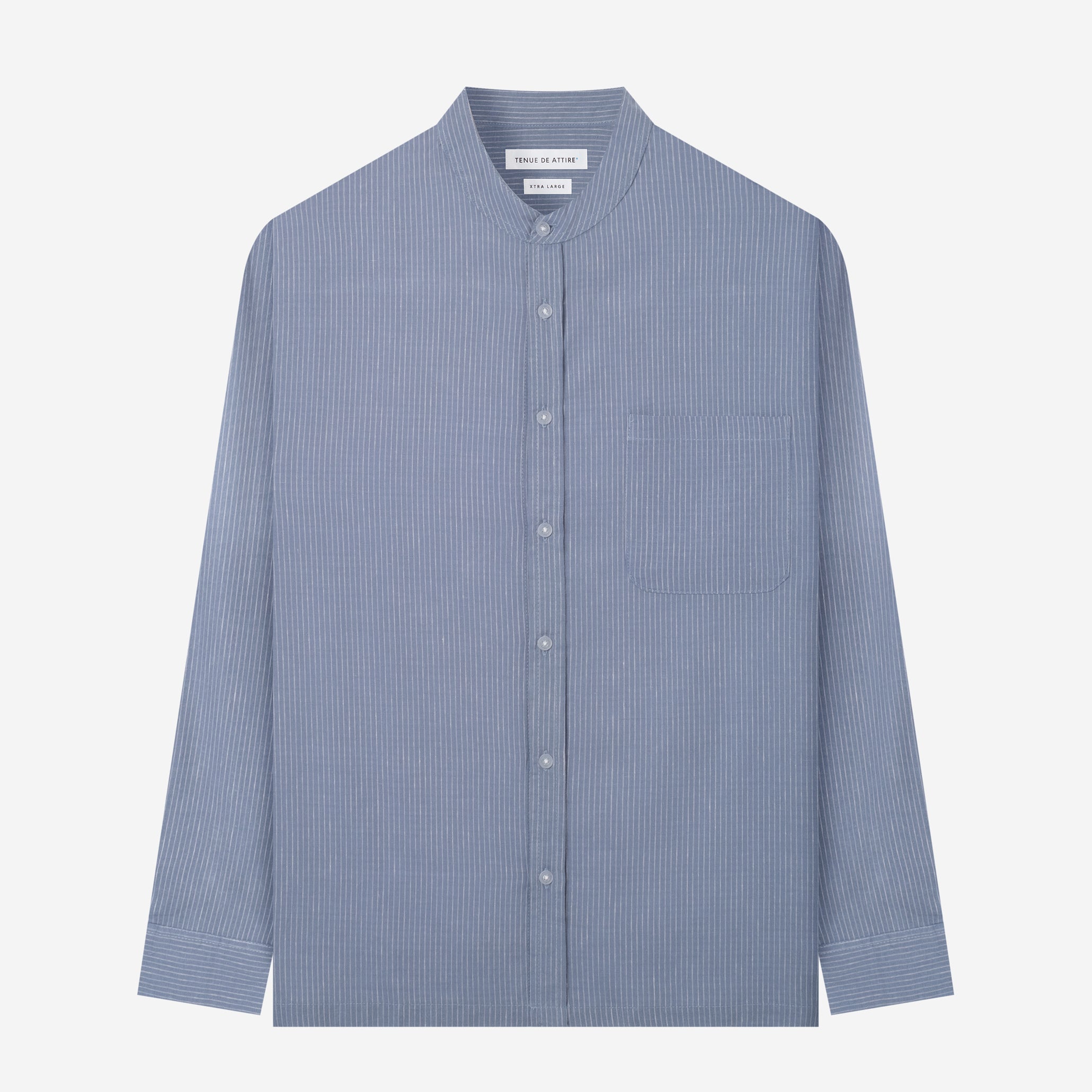 By The Hours Band Collar Long Sleeve Shirt Linen Stripes Light Blue Breeze