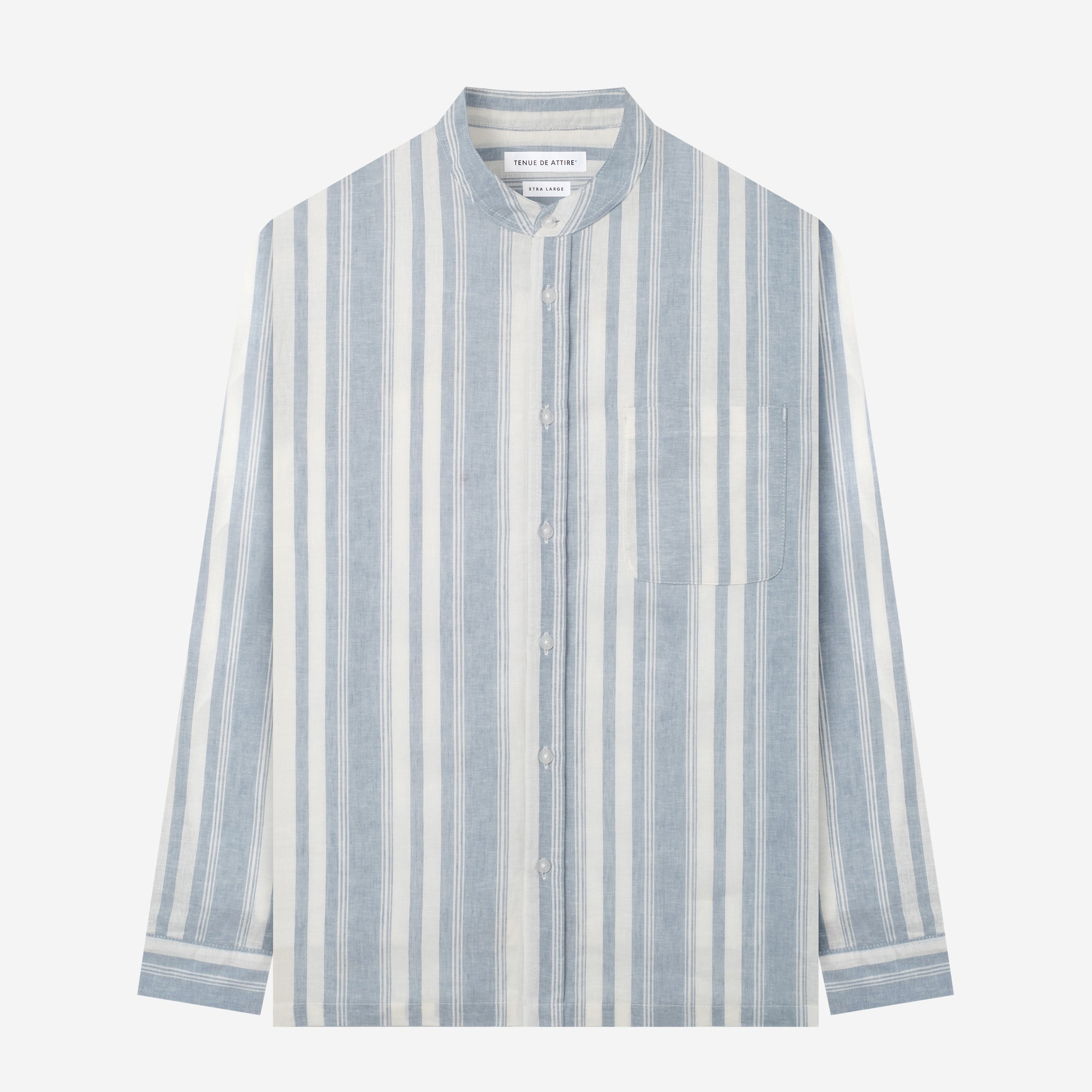 By The Hours Band Collar Long Sleeve Shirt Linen Stripes Sky Mist