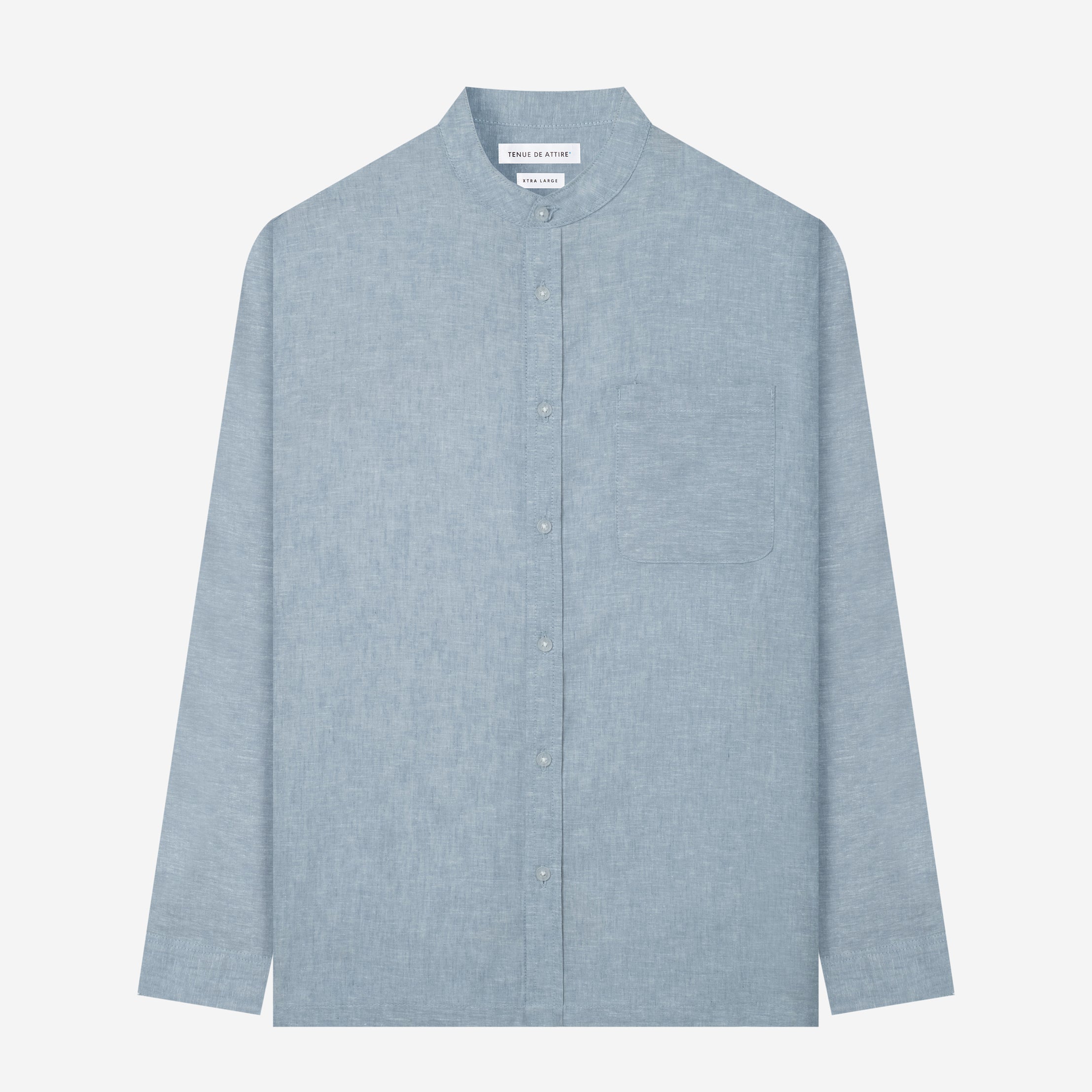 By The Hours Band Collar Long Sleeve Shirt Chambray Denim Frost Blue