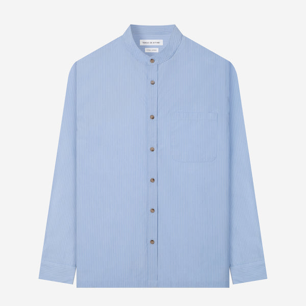 By The Hours Band Collar Long Sleeve Shirt Stripes Blue Sky