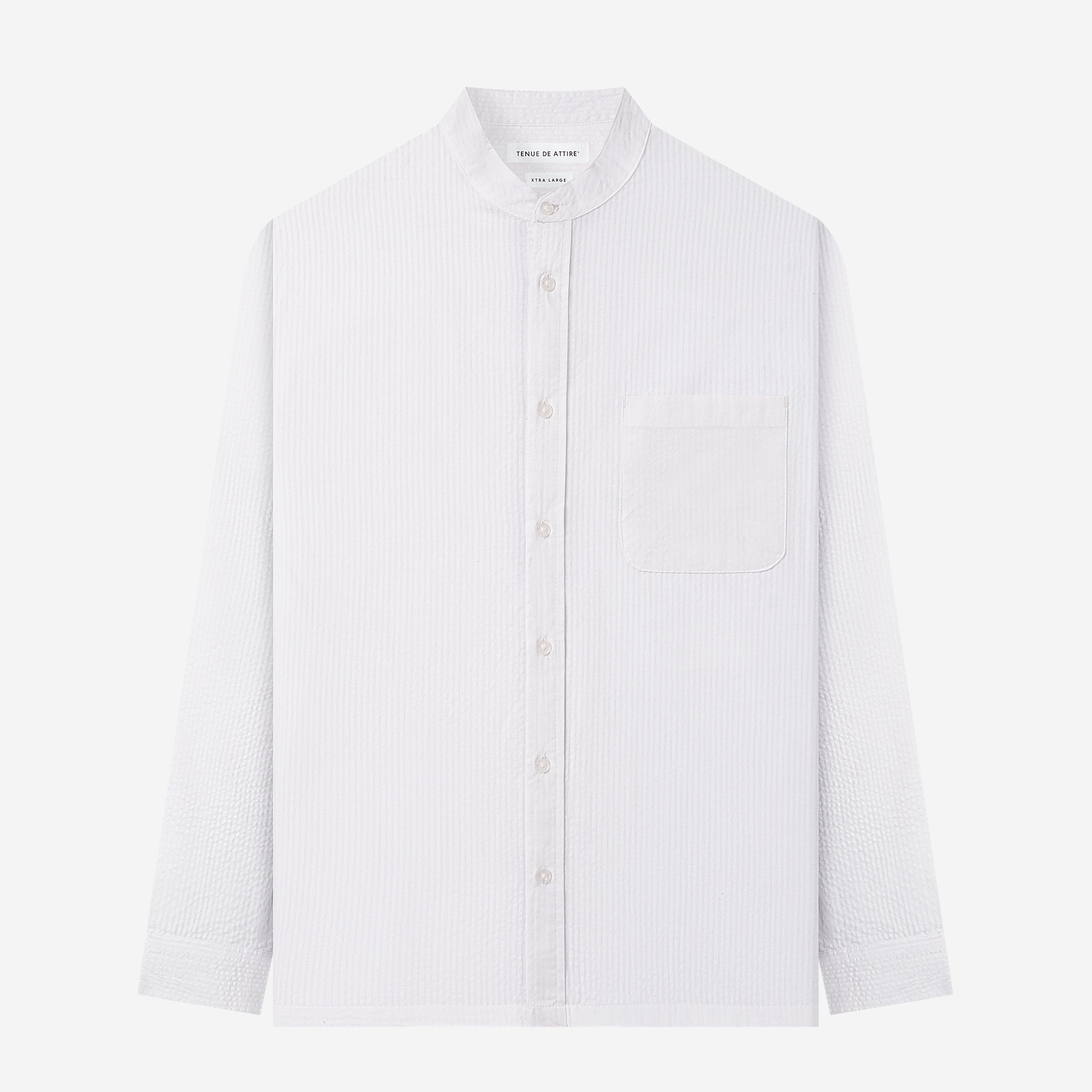 By The Hours Band Collar Long Sleeve Shirt Seersucker Stripes Pure White