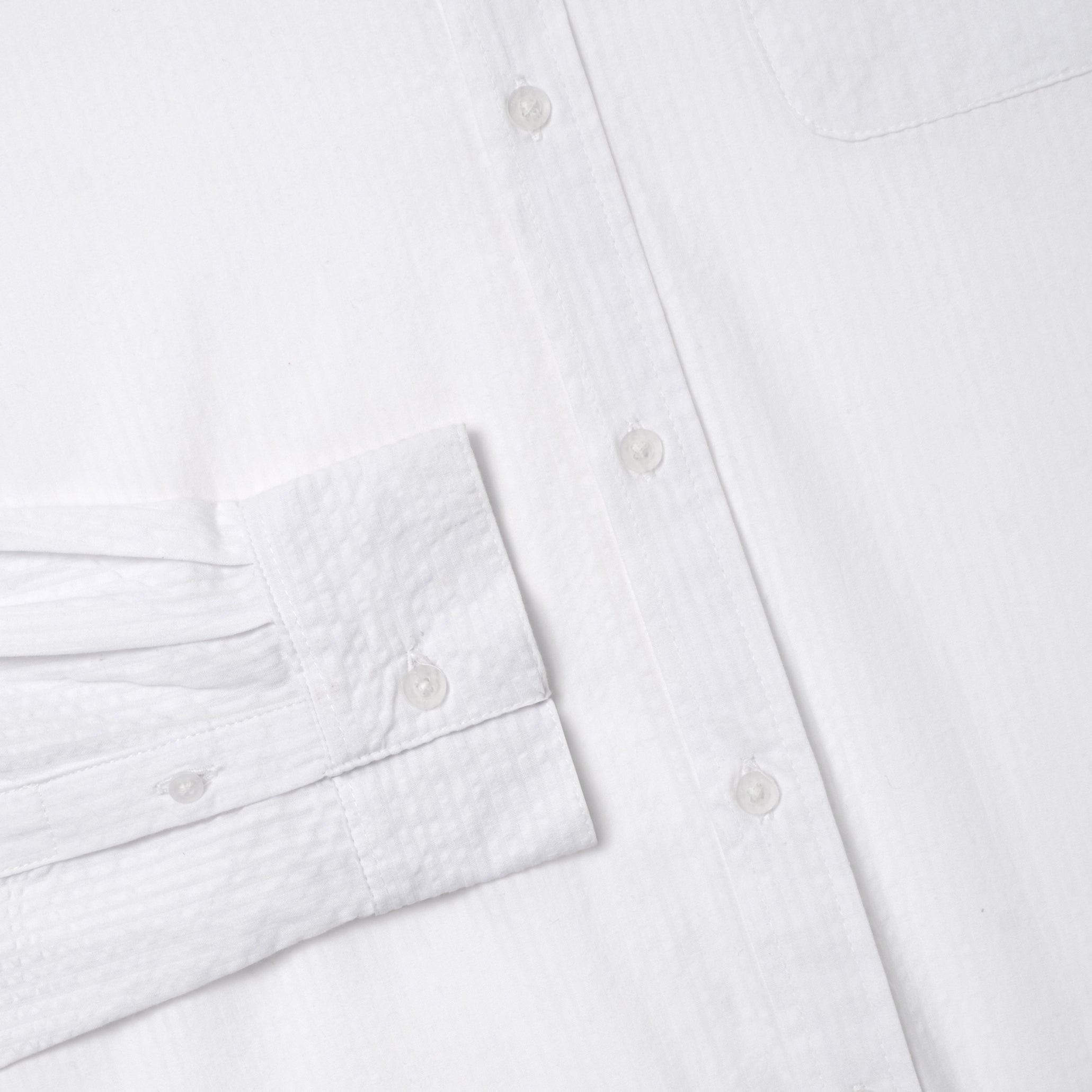 By The Hours Band Collar Long Sleeve Shirt Seersucker Stripes Pure White