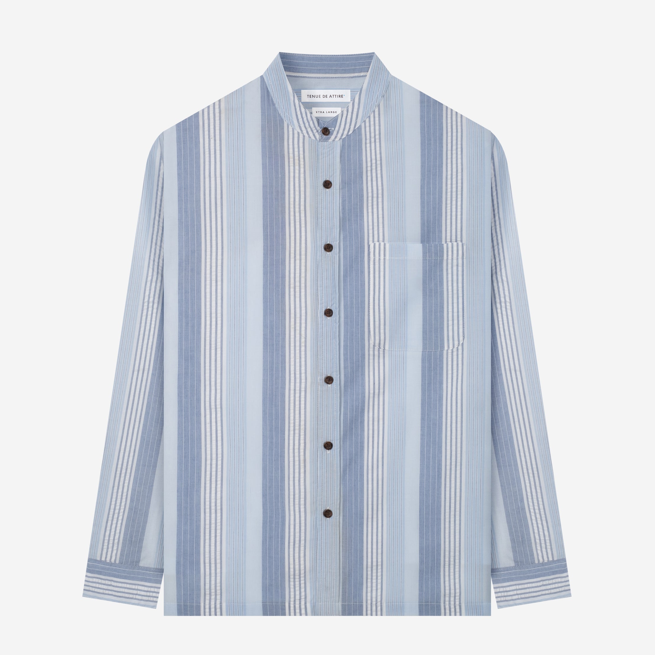 By The Hours Band Collar Long Sleeve Shirt Seersucker Stripes Light Blue Pastel