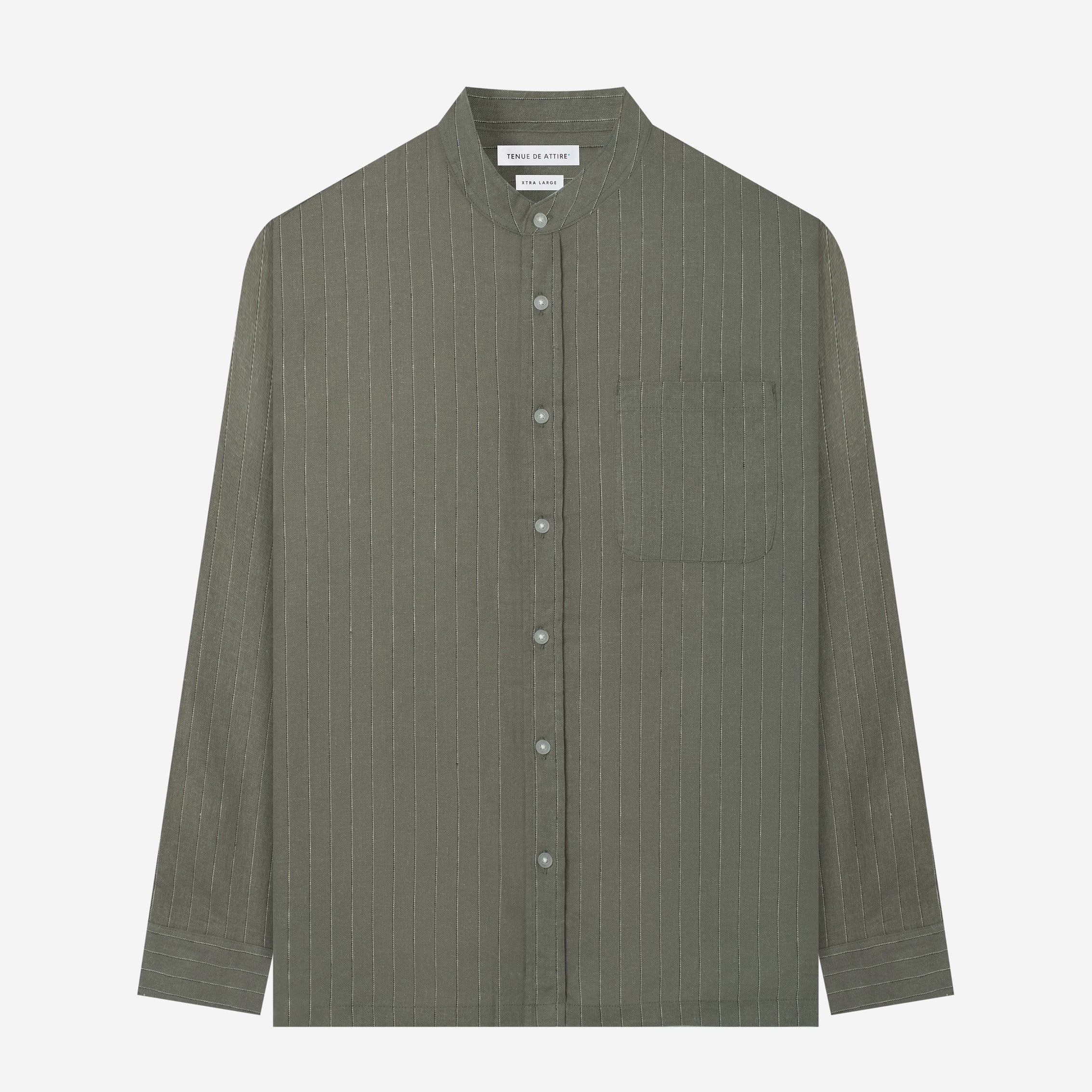 By The Hours Band Collar Long Sleeve Shirt Stripes Olive White