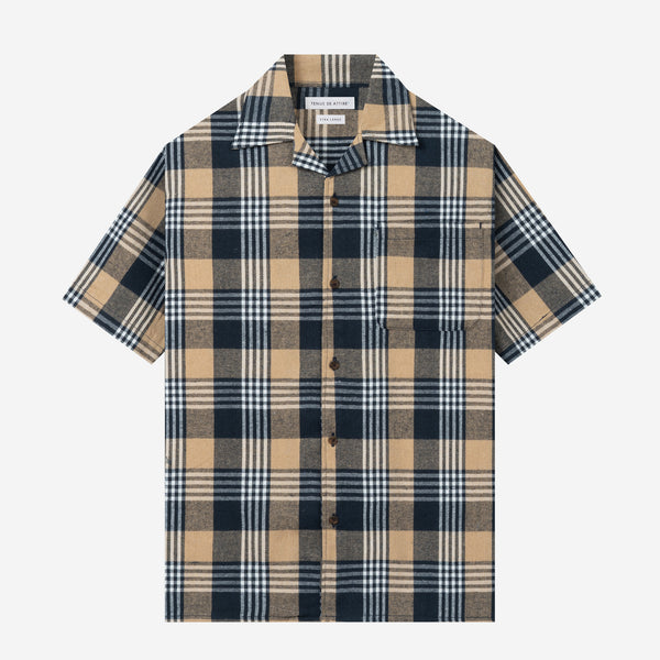 College Camp Collar Short Sleeve Shirt - Navy Khaki