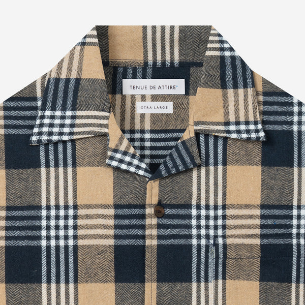 College Camp Collar Short Sleeve Shirt - Navy Khaki