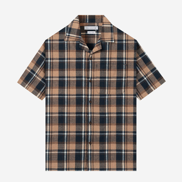 College Camp Collar Short Sleeve Shirt - Navy Brown
