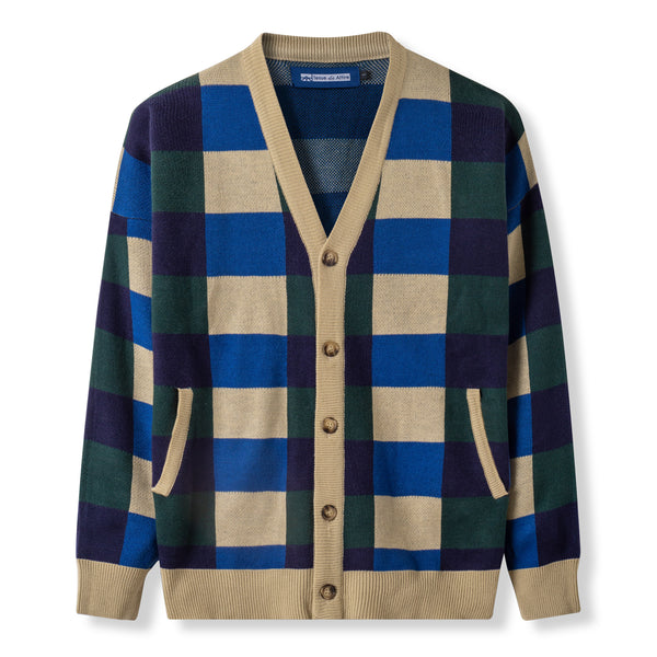 Cozy Knit Cardigan - Green Blue Checked