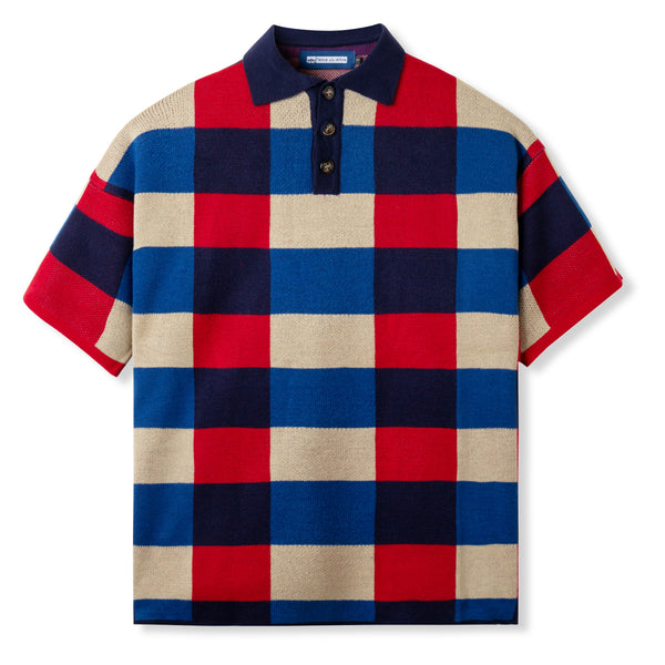 Cozy Knit Polo - Red Blue Checked