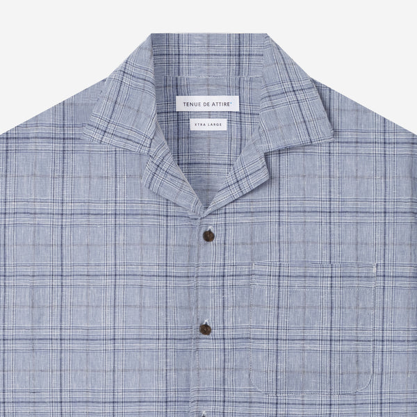 By The Hours Linen Open Collar Short Sleeve Shirt Checkers Blue