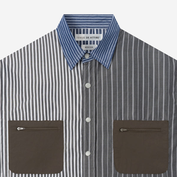 Off-City Long Sleeve Stripe Patch Shirt - Grey Navy