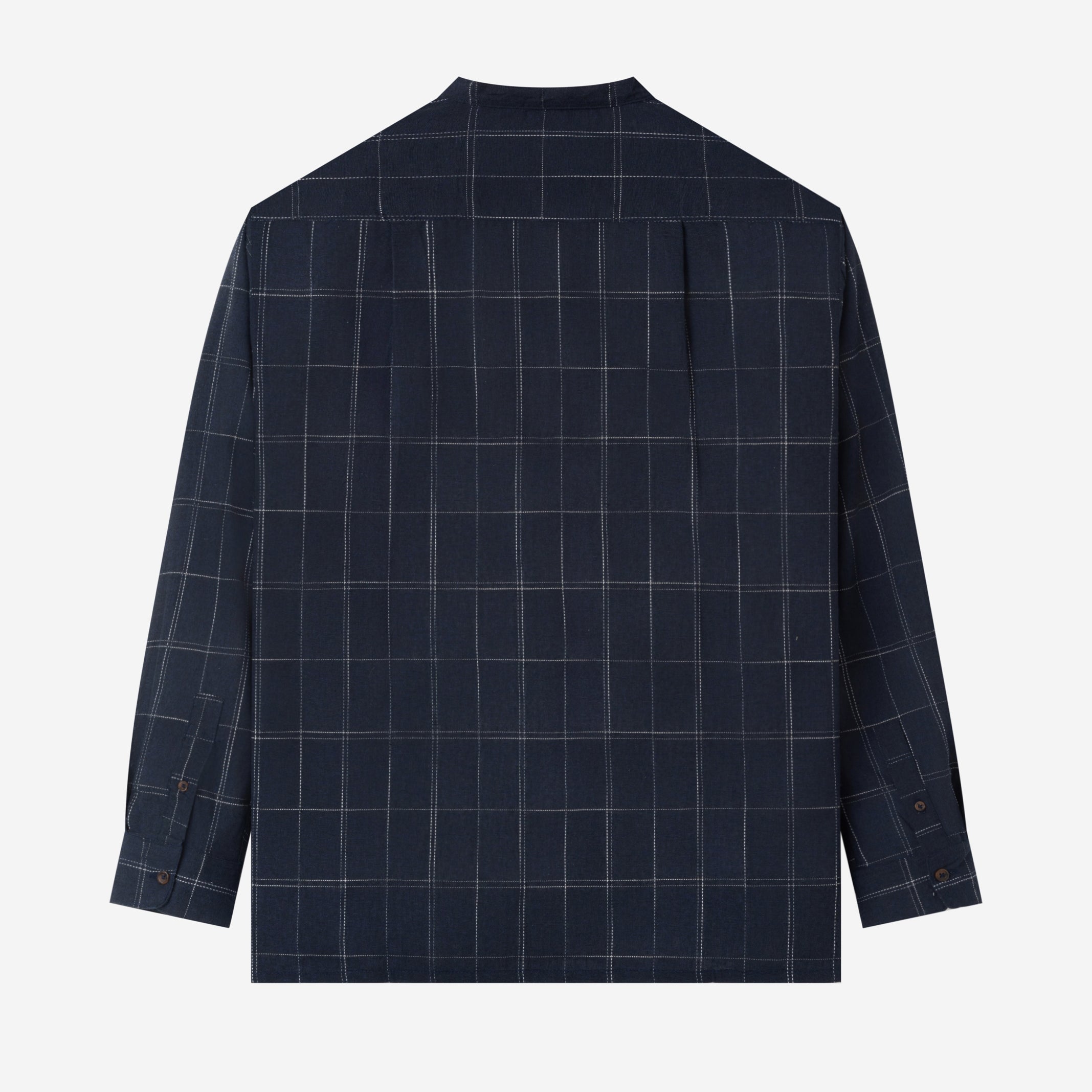 Le Ramdane Band Collar Plaid Long Sleeve Shirt - Navy White